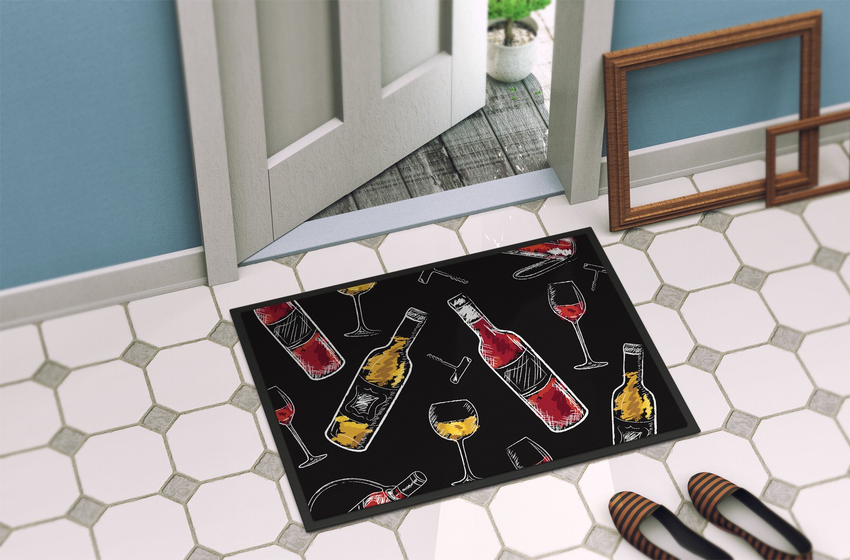 Red and White Wine on Black Indoor or Outdoor Mat 24x36 BB5197JMAT by Caroline's Treasures