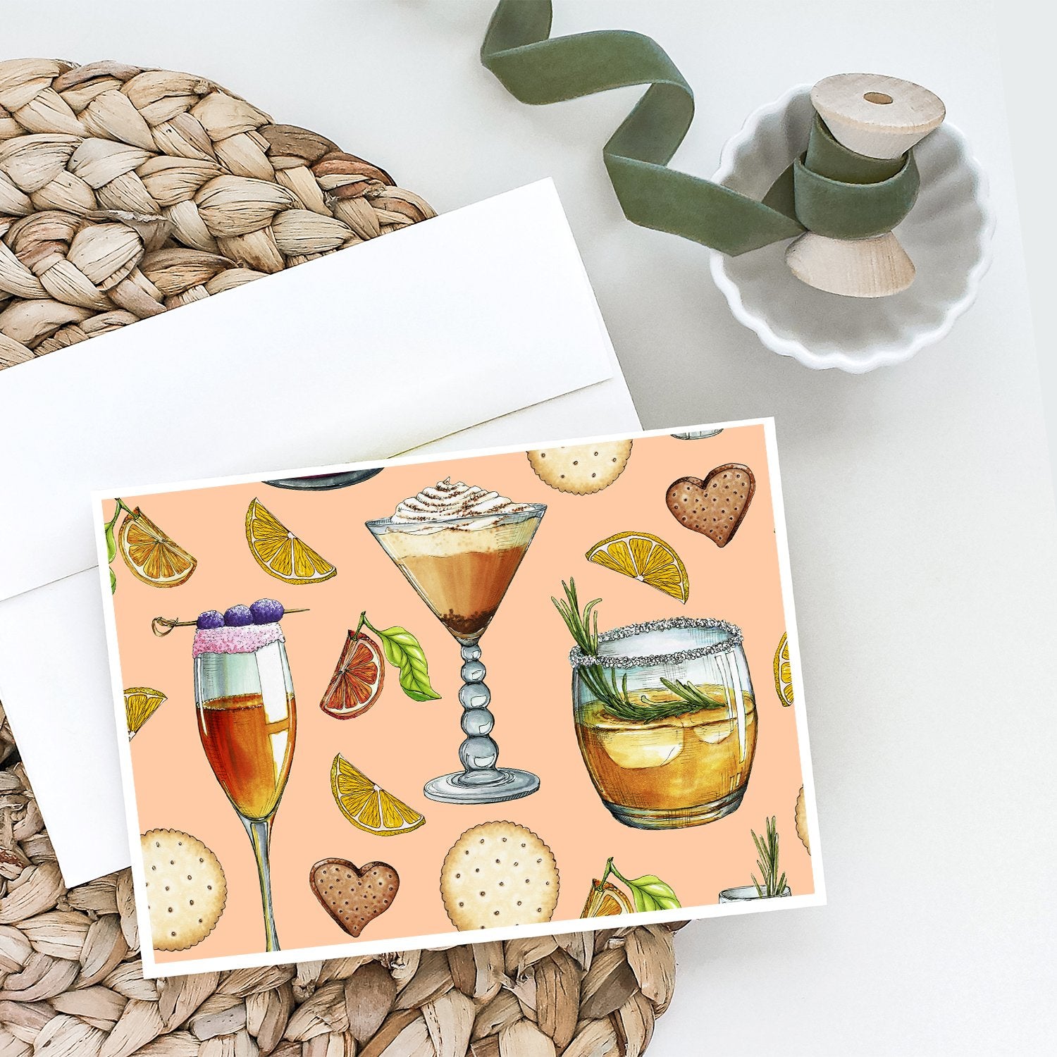 Drinks and Cocktails Peach Greeting Cards and Envelopes Pack of 8 - the-store.com