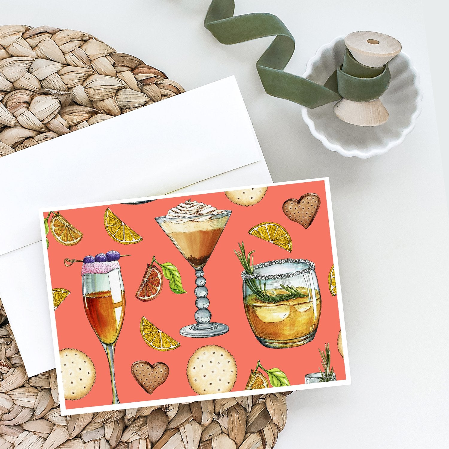 Drinks and Cocktails Salmon Greeting Cards and Envelopes Pack of 8 - the-store.com
