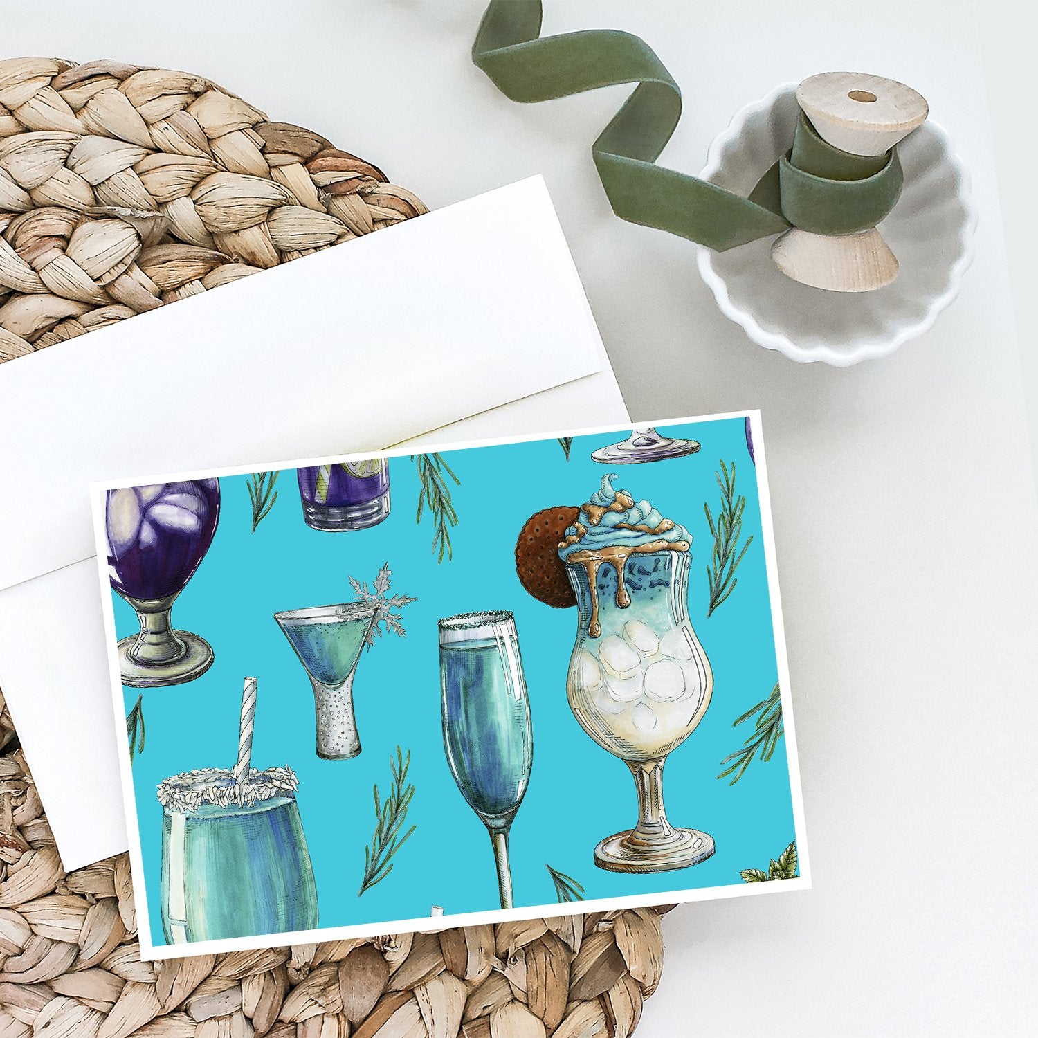 Drinks and Cocktails Blue Greeting Cards and Envelopes Pack of 8 - the-store.com