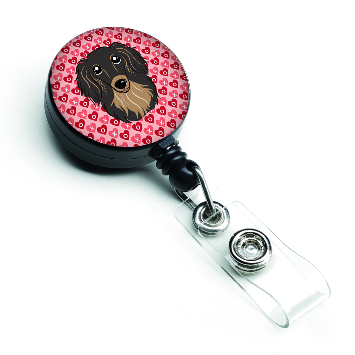 Longhair Black and Tan Dachshund Hearts Retractable Badge Reel BB5283BR