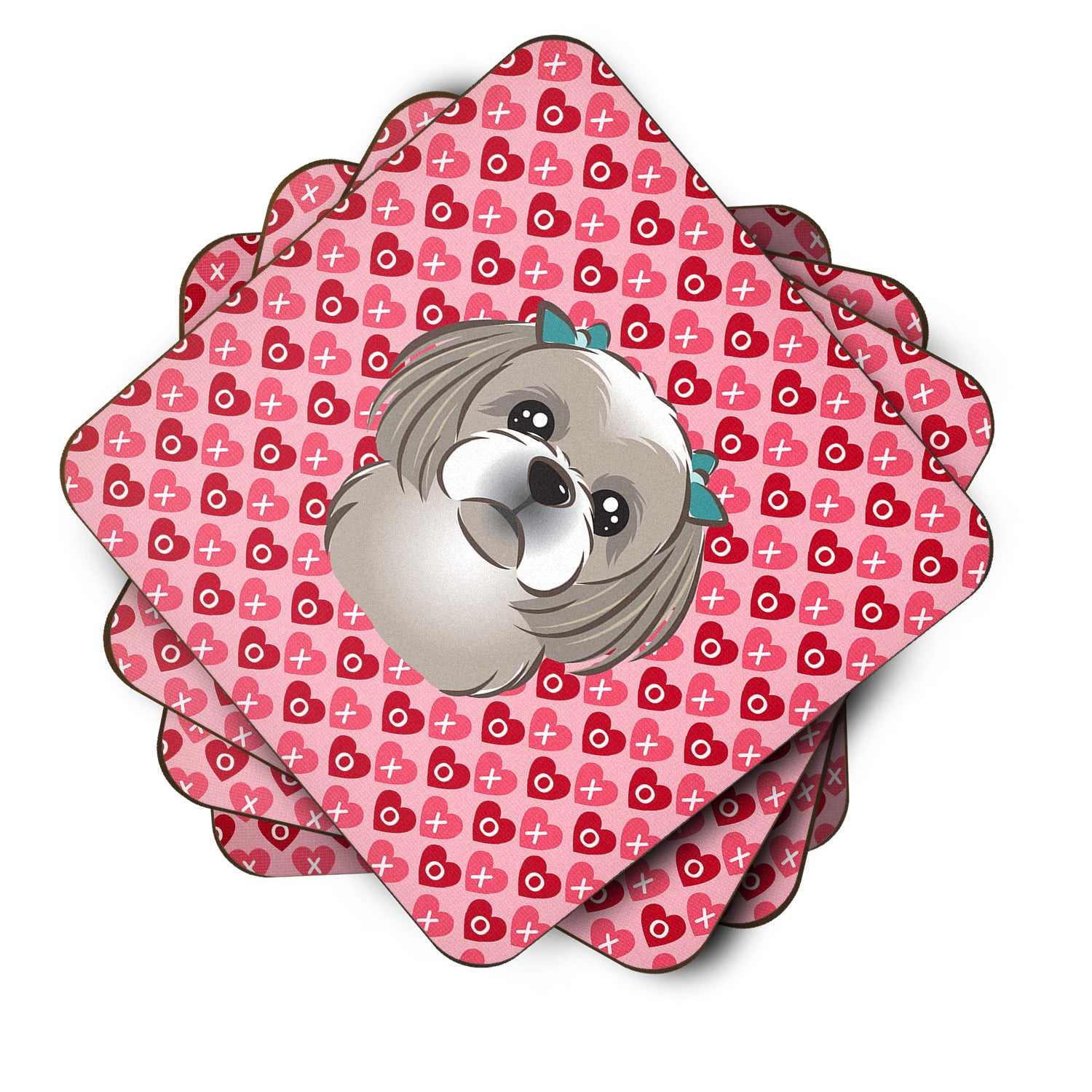 Gray Silver Shih Tzu Hearts Foam Coaster Set of 4 BB5320FC - the-store.com