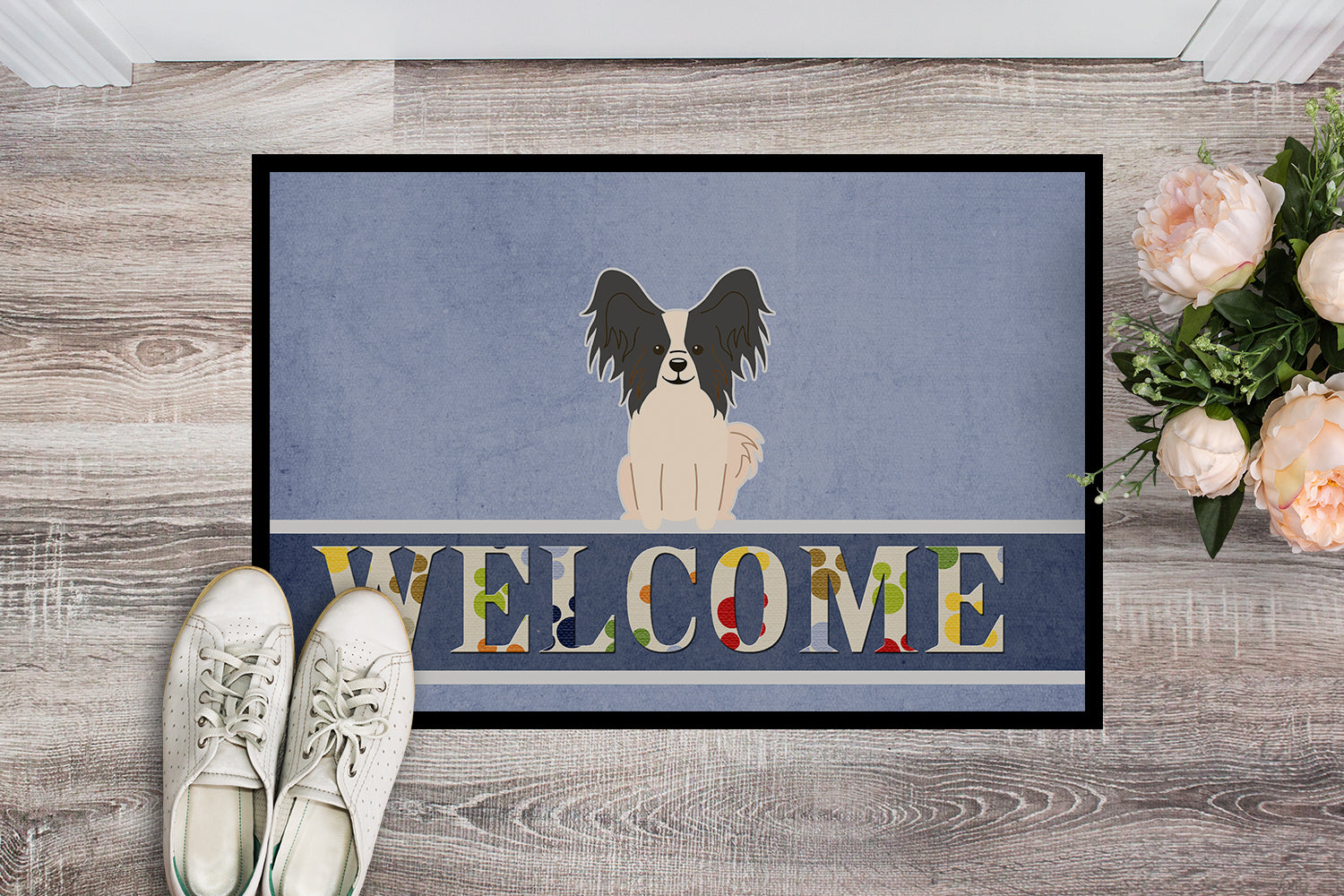 Papillon Black White Welcome Indoor or Outdoor Mat 18x27 BB5657MAT - the-store.com