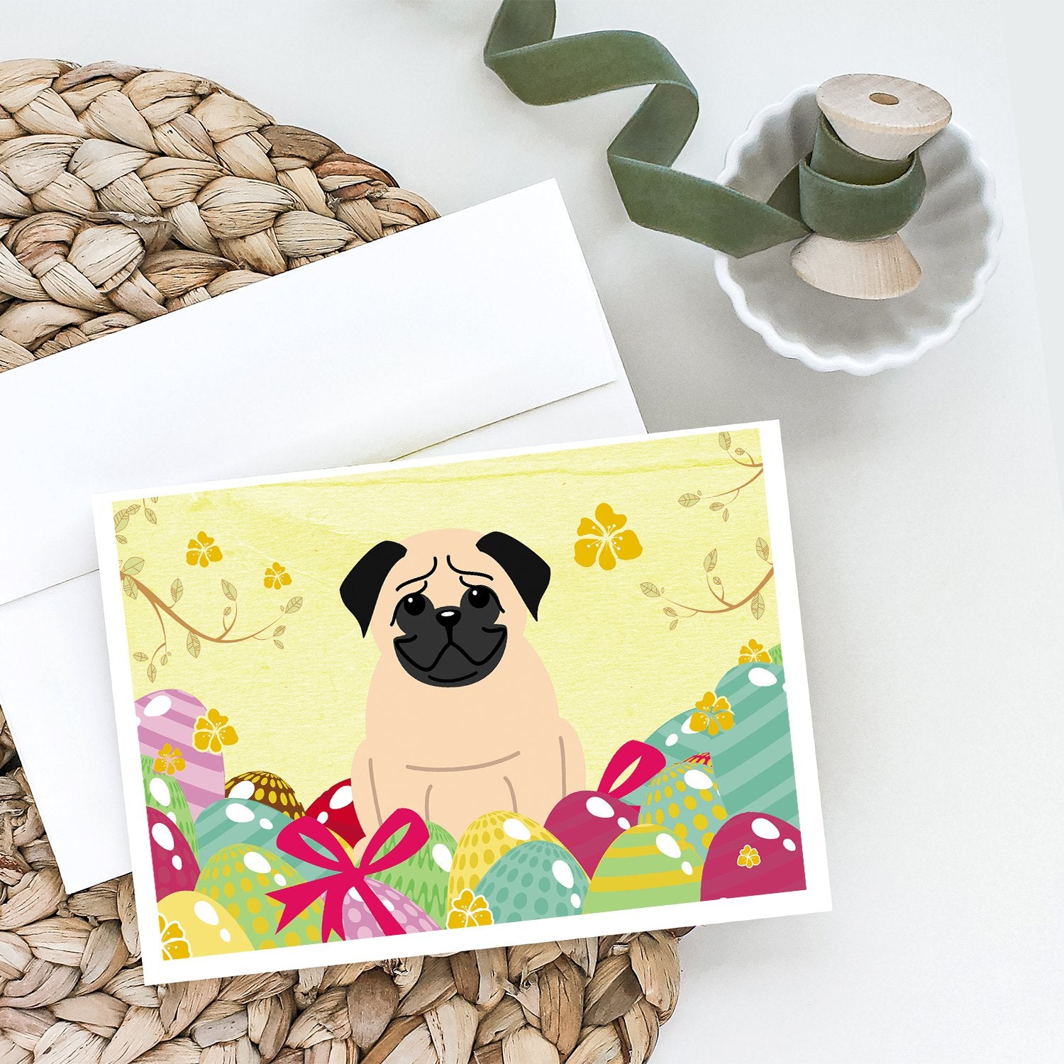 Buy this Easter Eggs Pug Fawn Greeting Cards and Envelopes Pack of 8