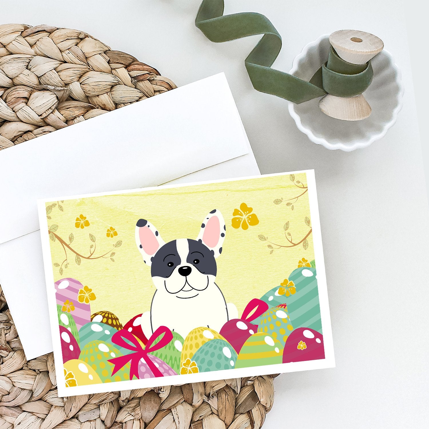 Buy this Easter Eggs French Bulldog Piebald Greeting Cards and Envelopes Pack of 8
