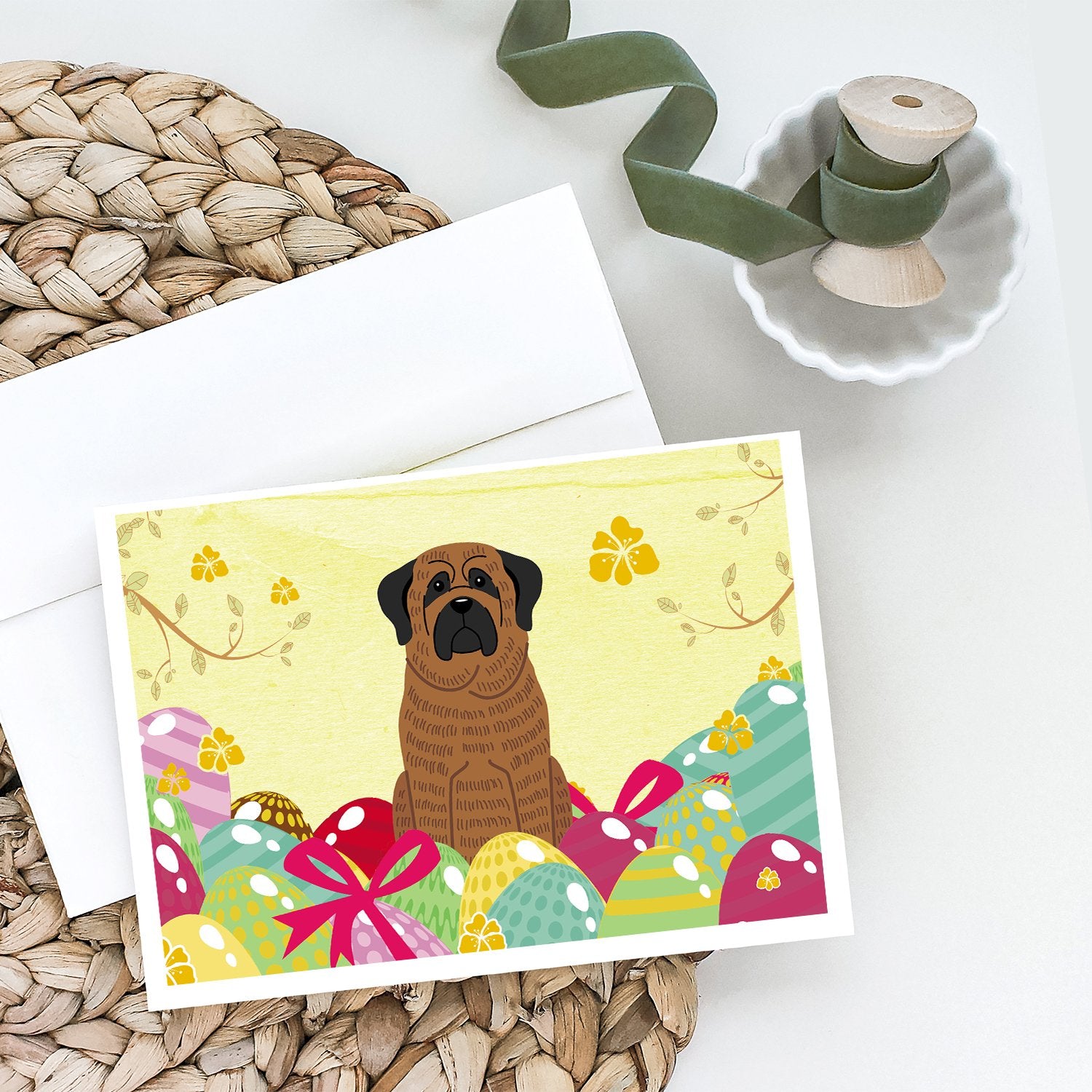 Buy this Easter Eggs Mastiff Brindle Greeting Cards and Envelopes Pack of 8