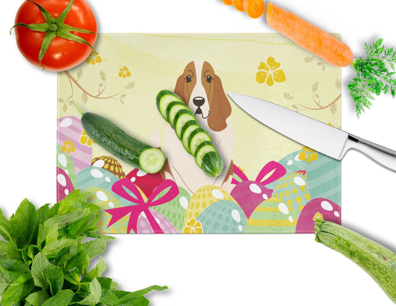 Easter Eggs Basset Hound Glass Cutting Board Large BB6021LCB by Caroline's Treasures
