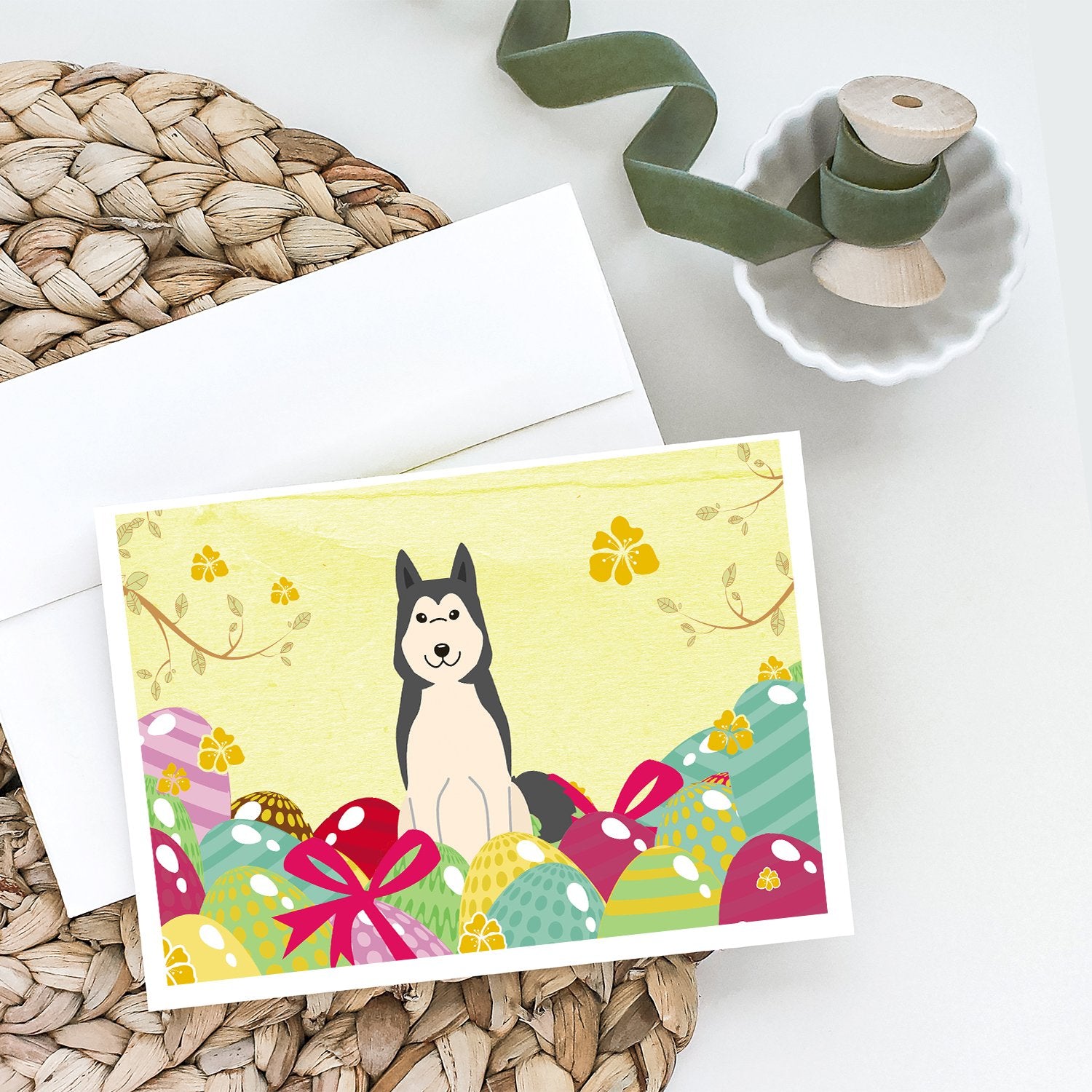 Easter Eggs West Siberian Laika Spitz Greeting Cards and Envelopes Pack of 8 - the-store.com