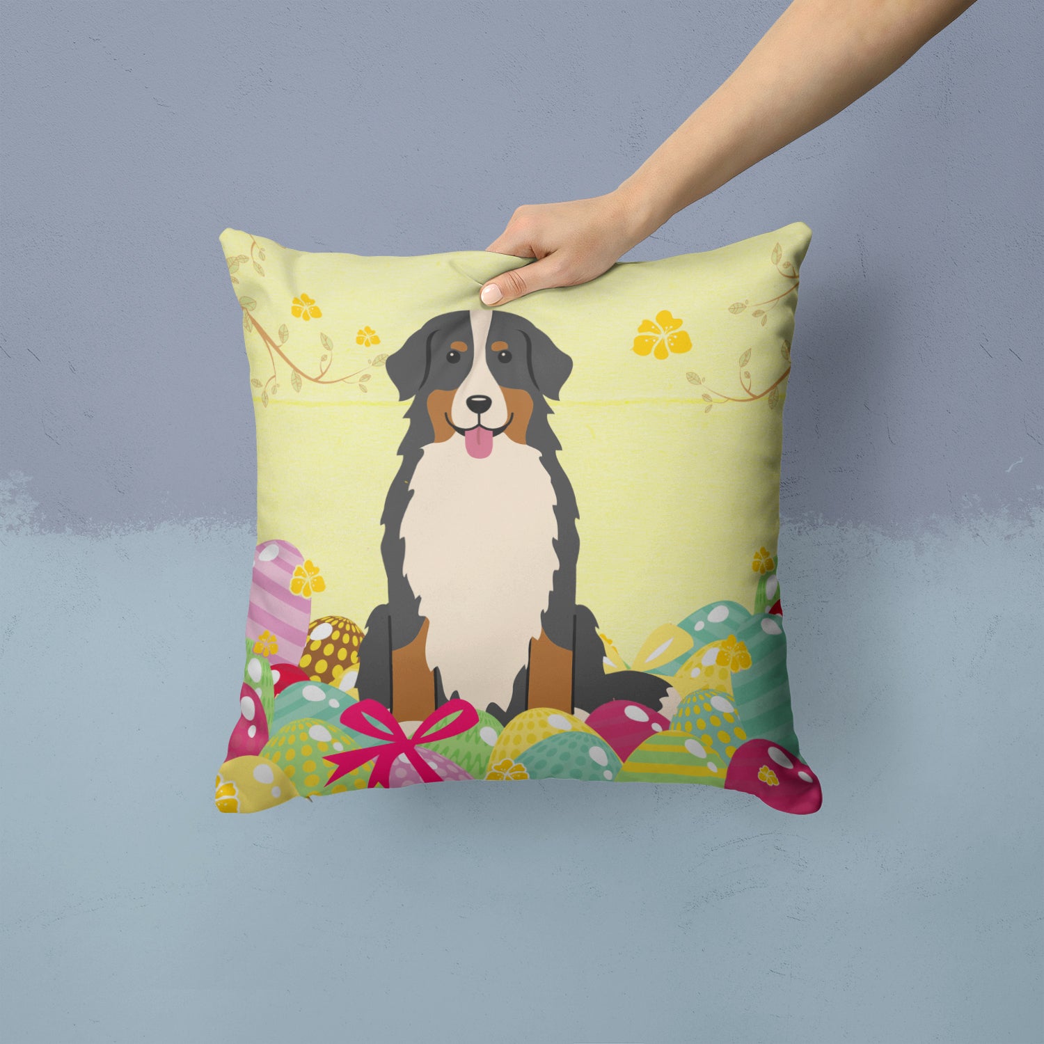 Easter Eggs Bernese Mountain Dog Fabric Decorative Pillow BB6036PW1414 - the-store.com