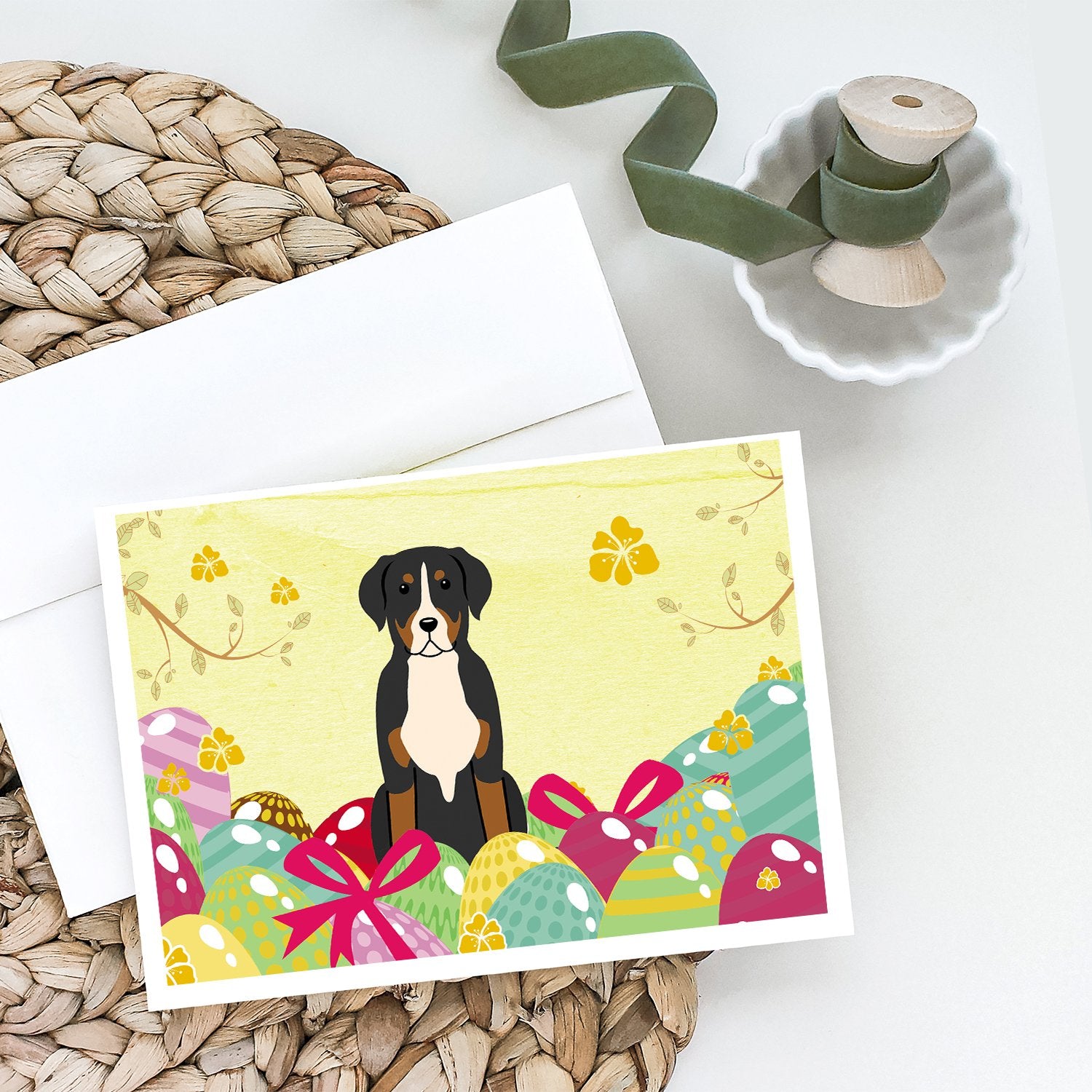 Buy this Easter Eggs Greater Swiss Mountain Dog Greeting Cards and Envelopes Pack of 8
