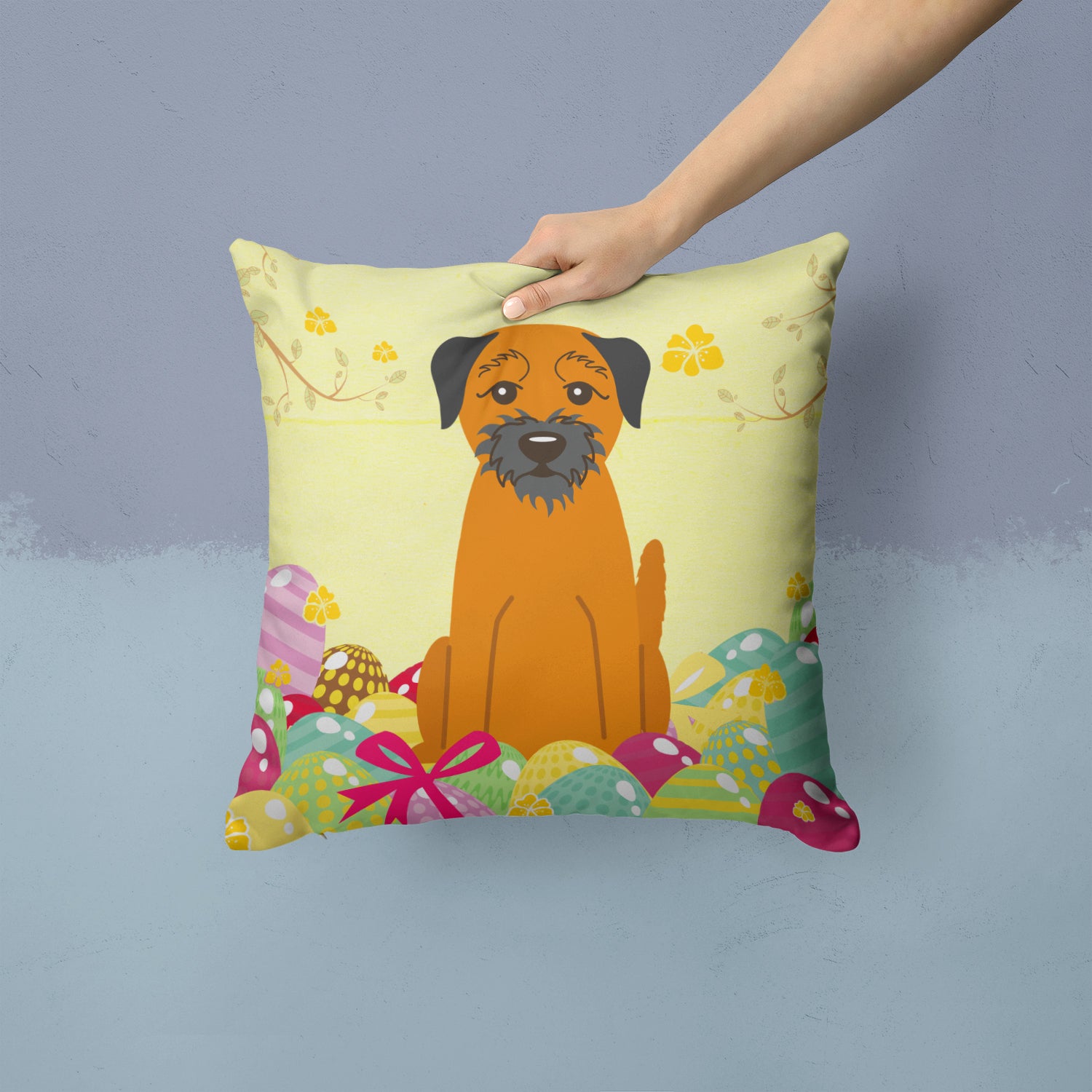 Easter Eggs Border Terrier Fabric Decorative Pillow BB6039PW1414 - the-store.com