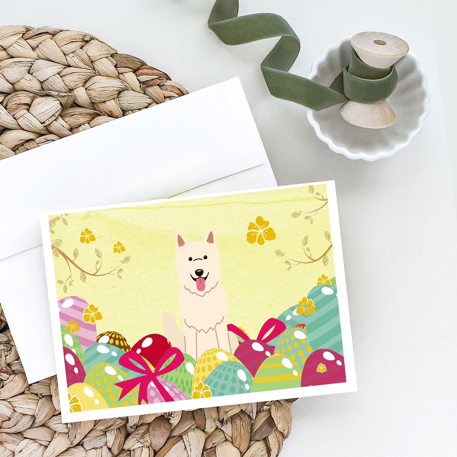 Buy this Easter Eggs White German Shepherd Greeting Cards and Envelopes Pack of 8