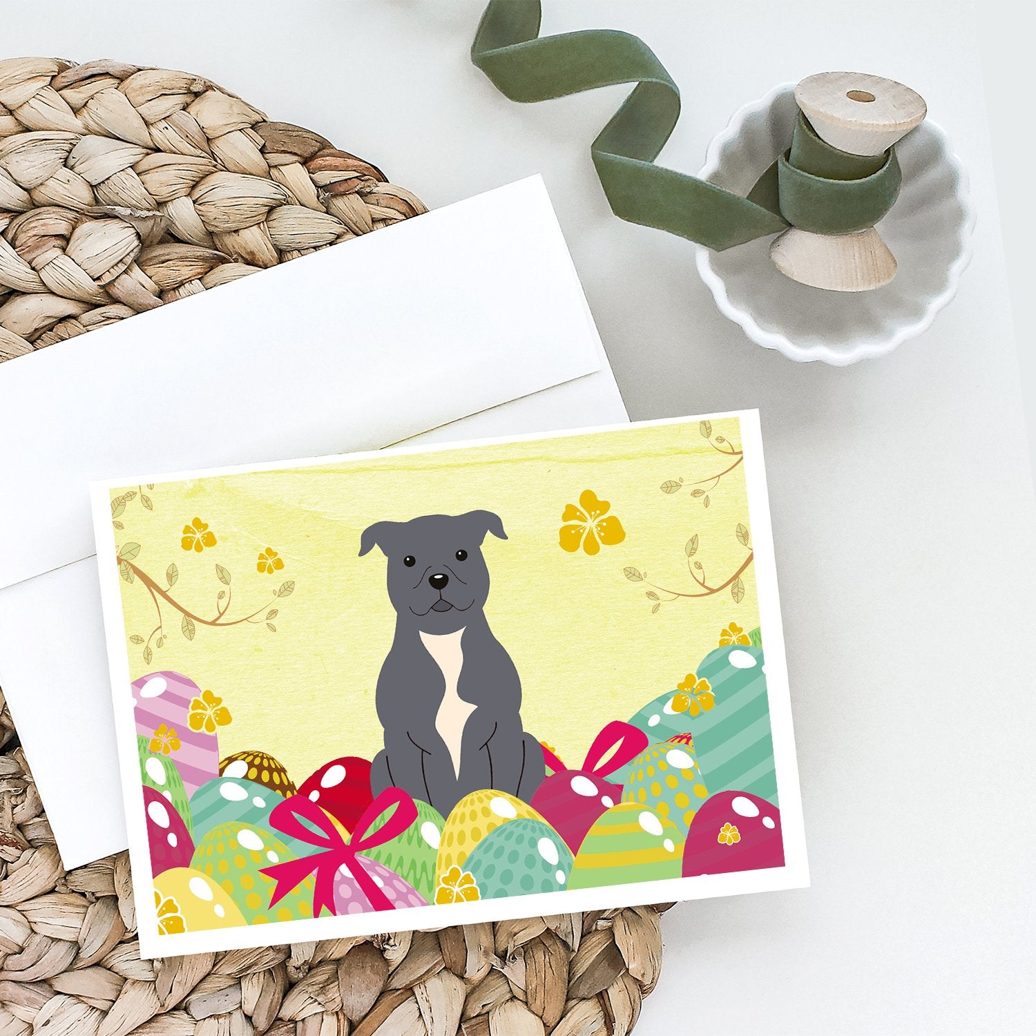 Buy this Easter Eggs Staffordshire Bull Terrier Blue Greeting Cards and Envelopes Pack of 8