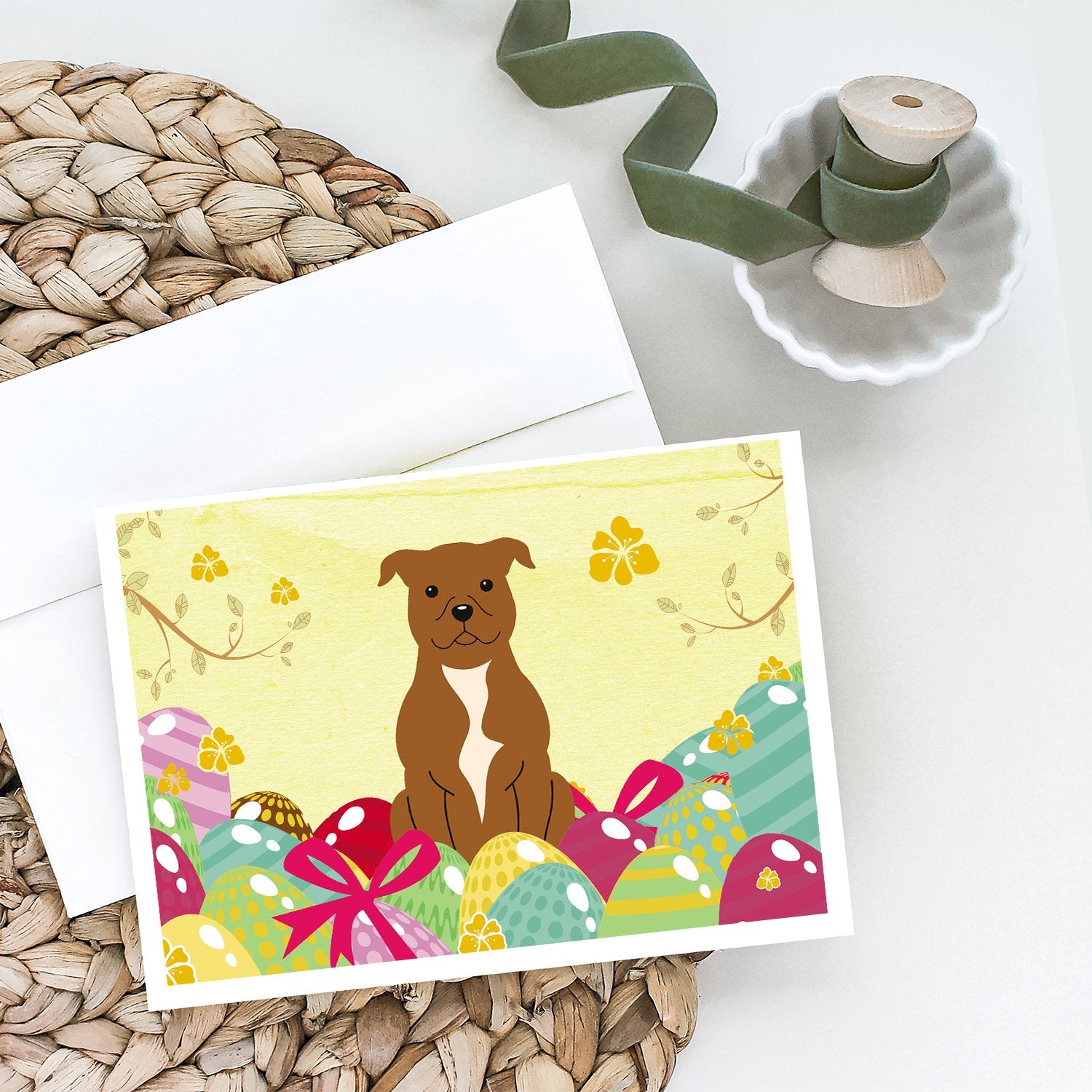 Buy this Easter Eggs Staffordshire Bull Terrier Brown Greeting Cards and Envelopes Pack of 8