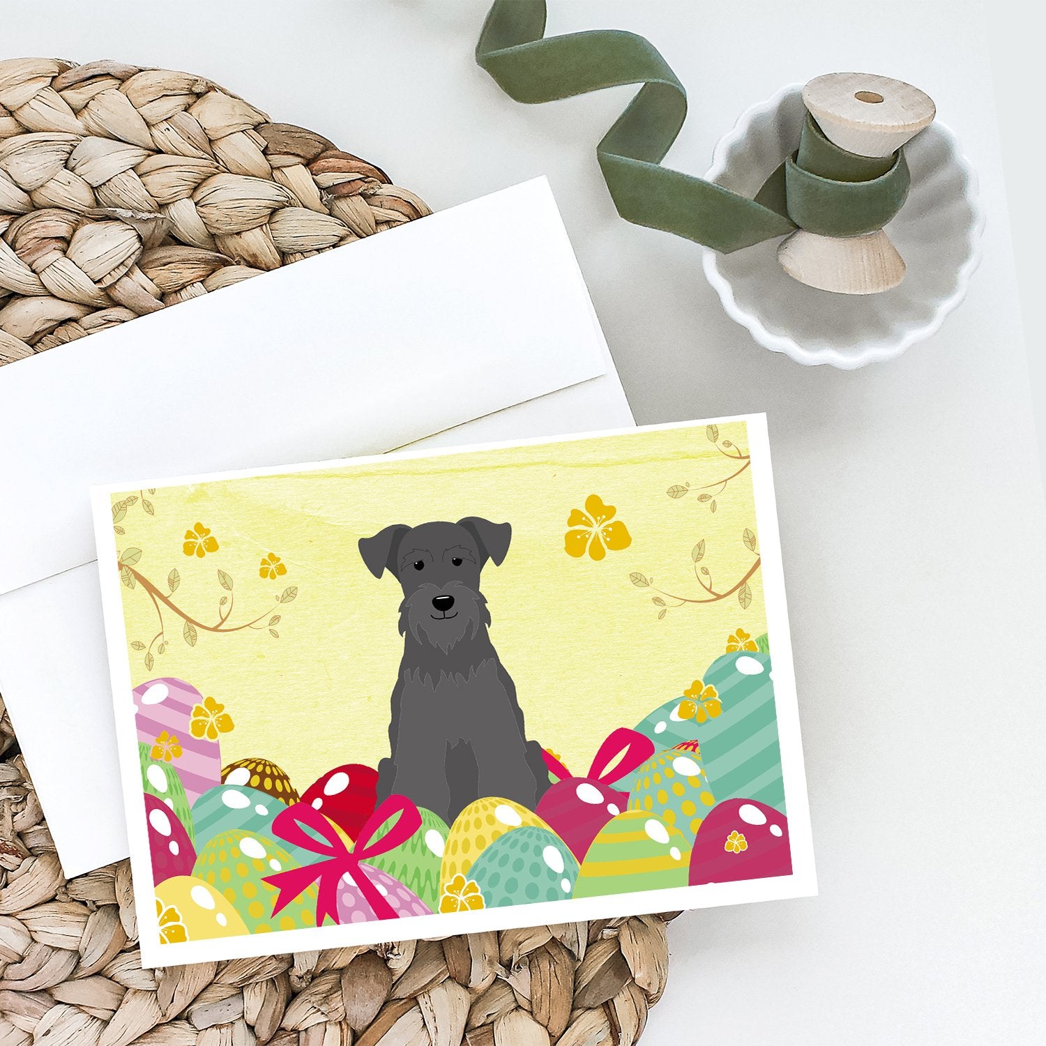 Buy this Easter Eggs Miniature Schnauzer Black Greeting Cards and Envelopes Pack of 8