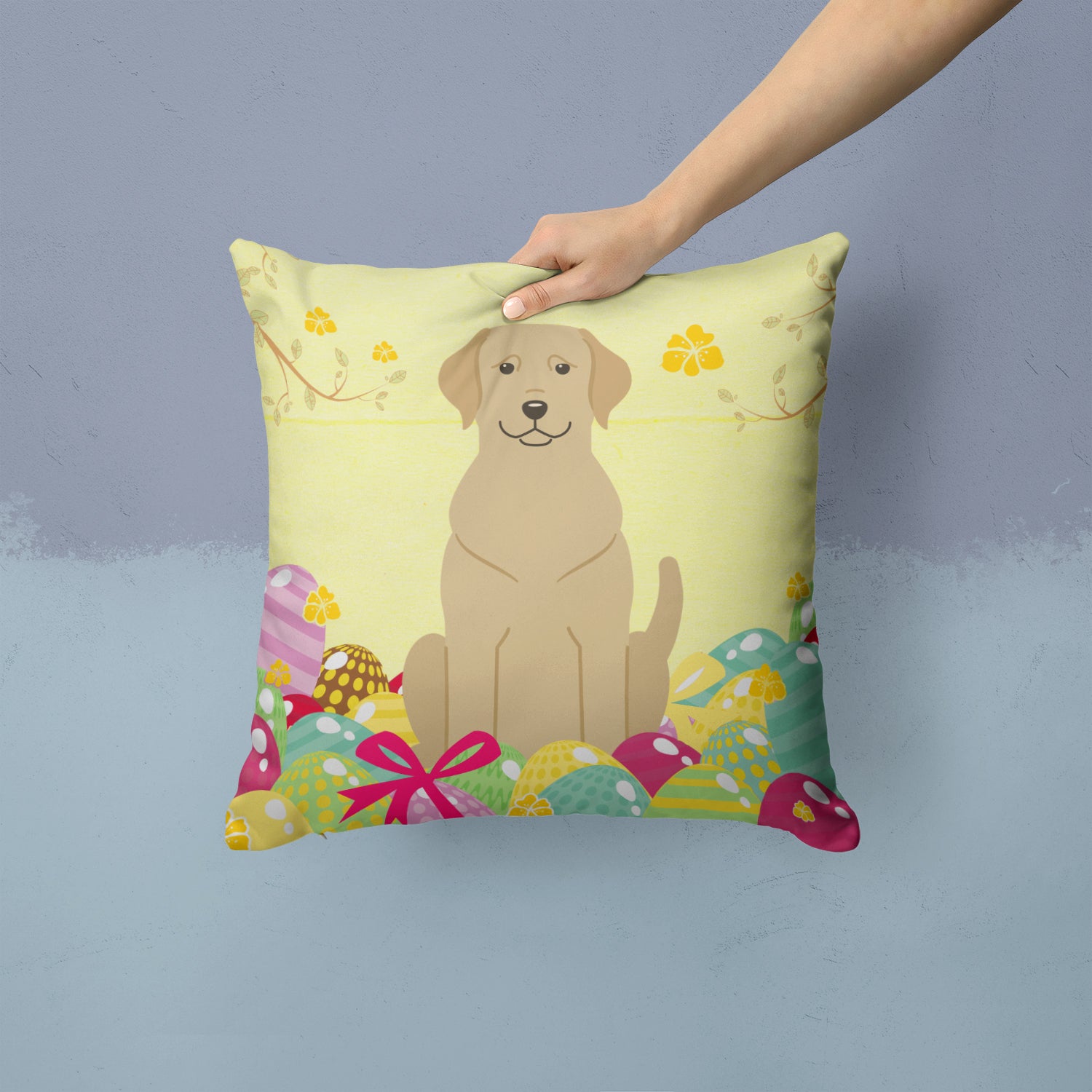 Easter Eggs Yellow Labrador Fabric Decorative Pillow BB6055PW1414 - the-store.com