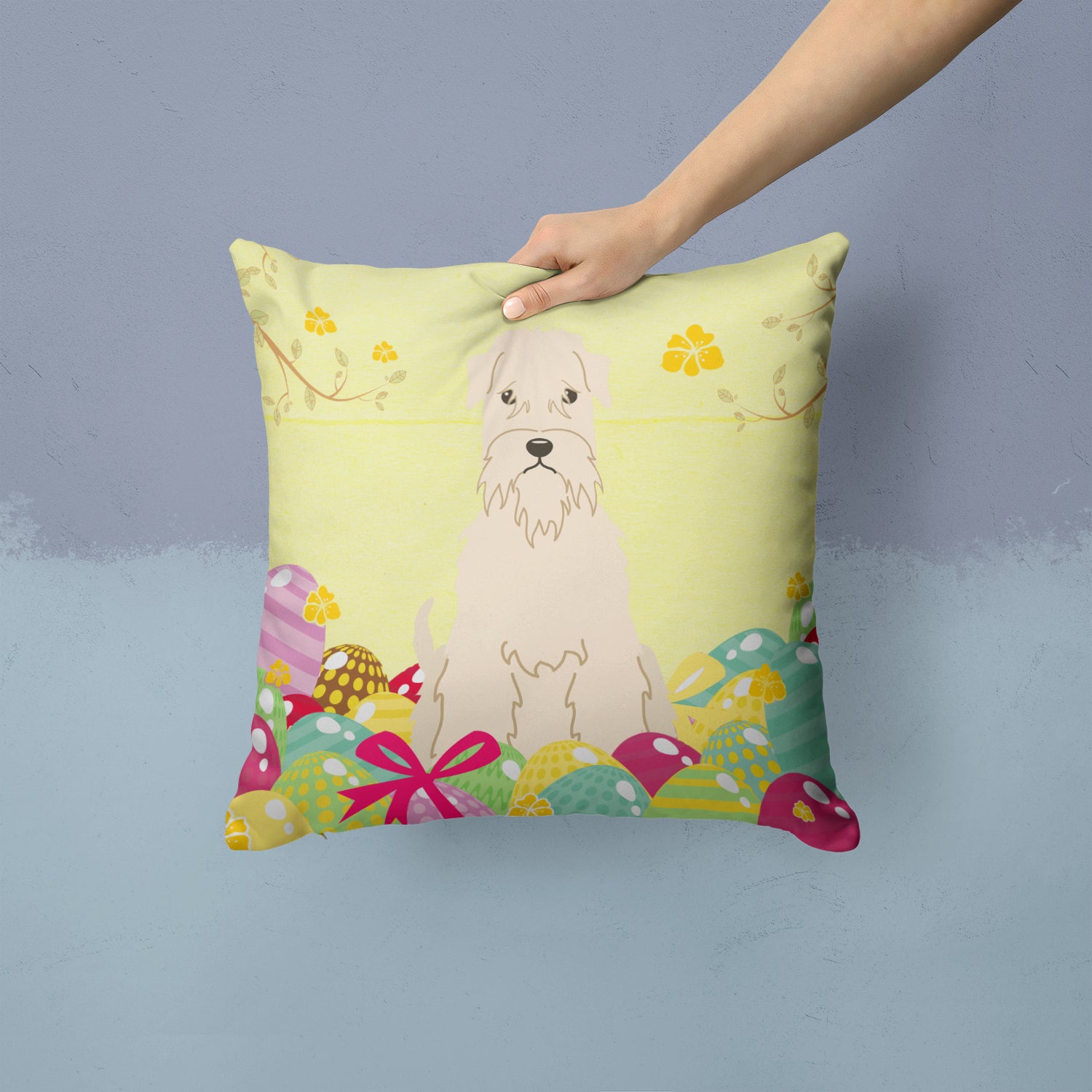 Easter Eggs Soft Coated Wheaten Terrier Fabric Decorative Pillow BB6061PW1414 - the-store.com