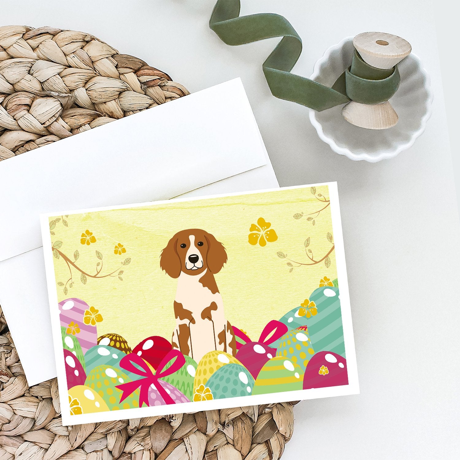 Buy this Easter Eggs Brittany Spaniel Greeting Cards and Envelopes Pack of 8