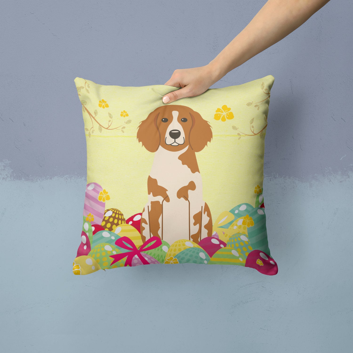 Easter Eggs Brittany Spaniel Fabric Decorative Pillow BB6072PW1414 - the-store.com