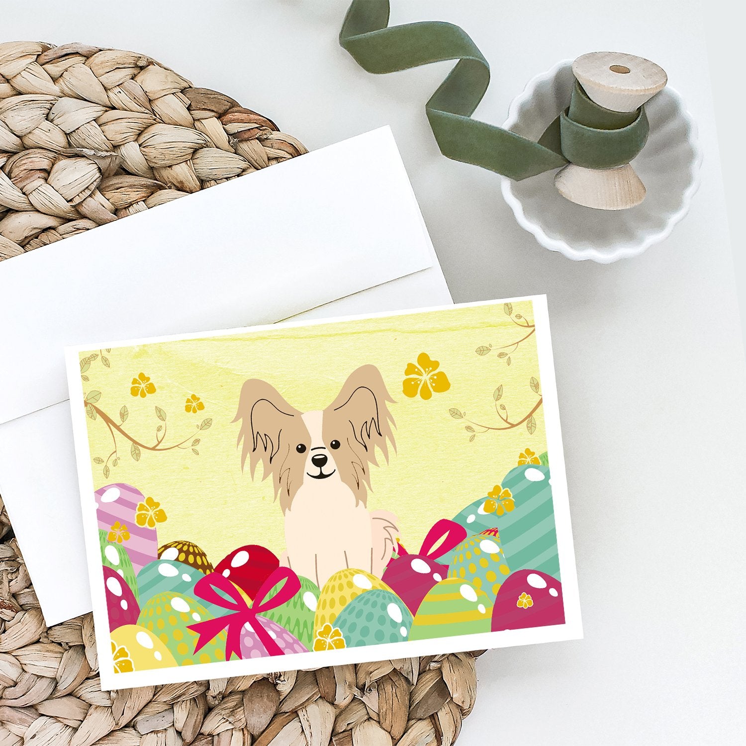 Buy this Easter Eggs Papillon Sable White Greeting Cards and Envelopes Pack of 8