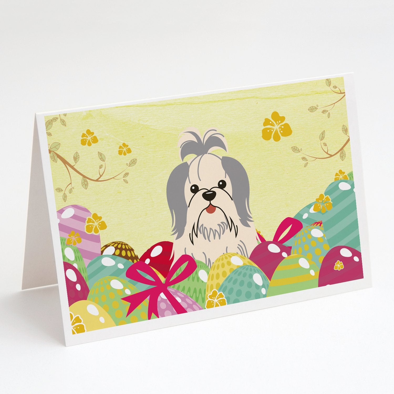 Buy this Easter Eggs Shih Tzu Silver White Greeting Cards and Envelopes Pack of 8