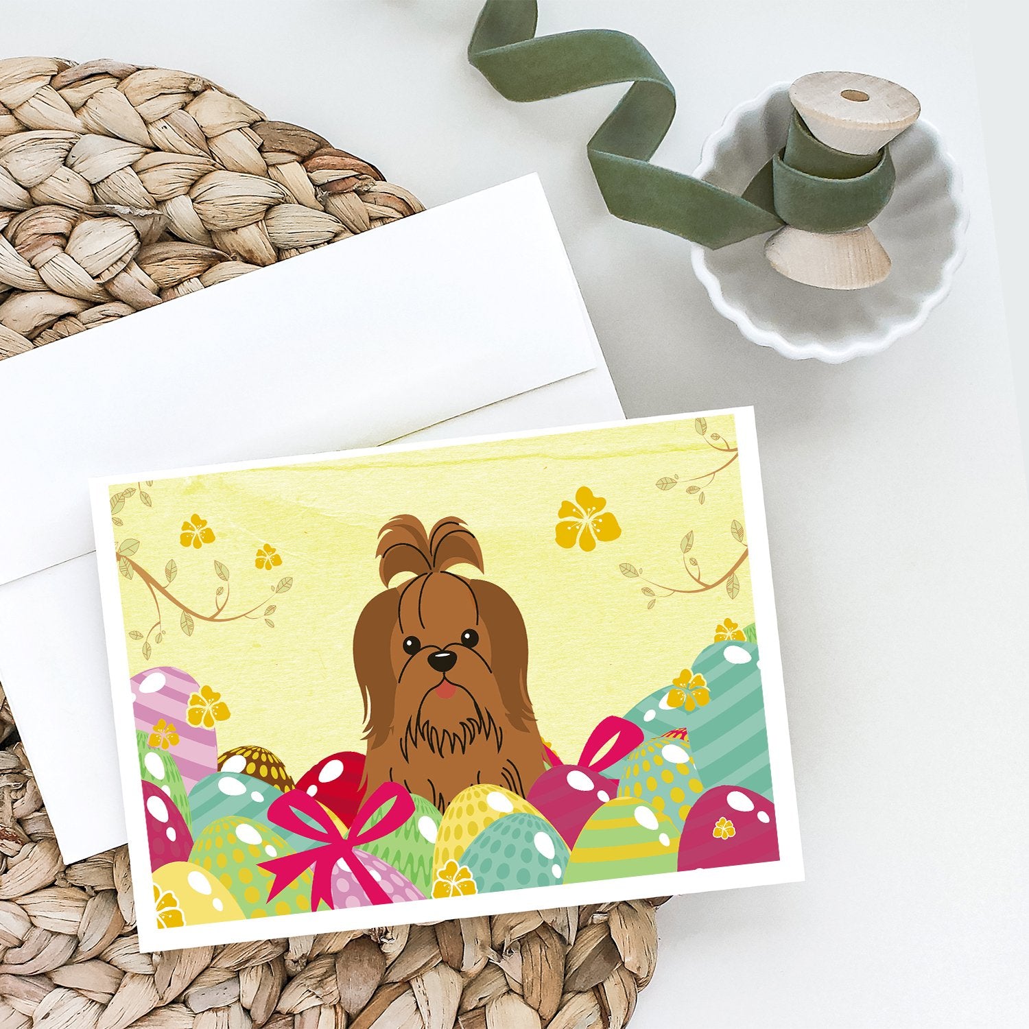 Buy this Easter Eggs Shih Tzu Silver Chocolate Greeting Cards and Envelopes Pack of 8