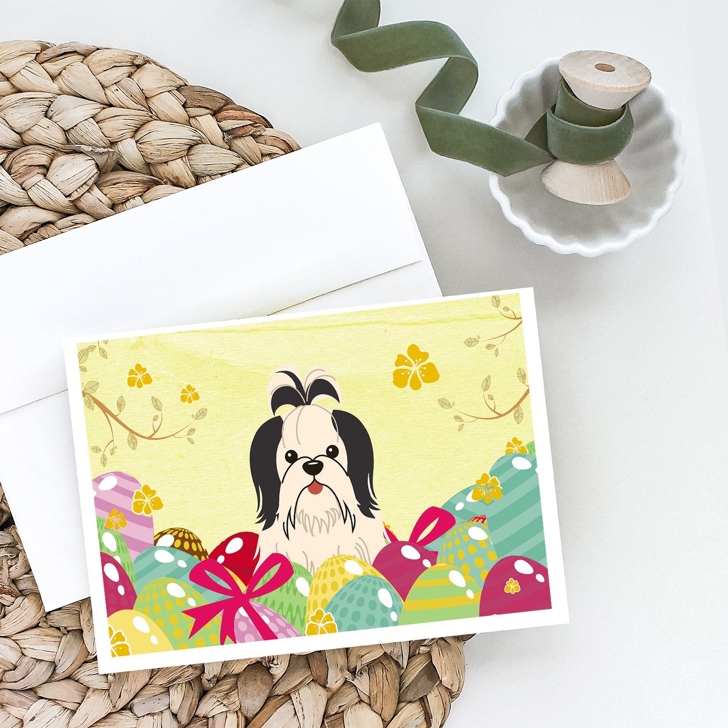 Buy this Easter Eggs Shih Tzu Black White Greeting Cards and Envelopes Pack of 8