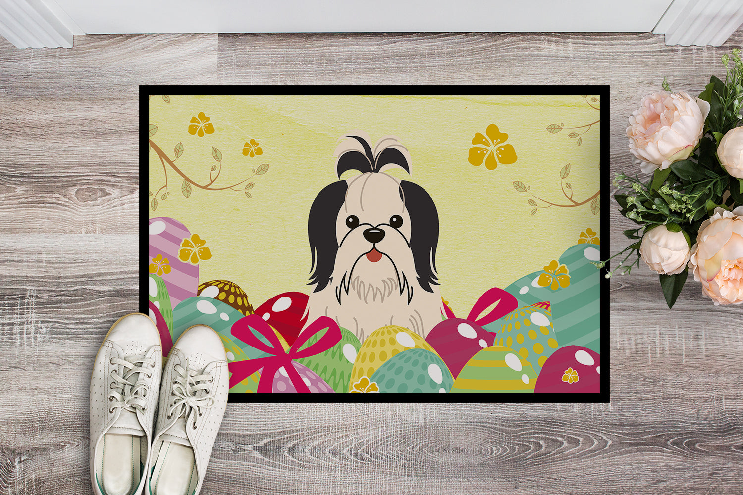 Easter Eggs Shih Tzu Black White Indoor or Outdoor Mat 18x27 BB6088MAT - the-store.com