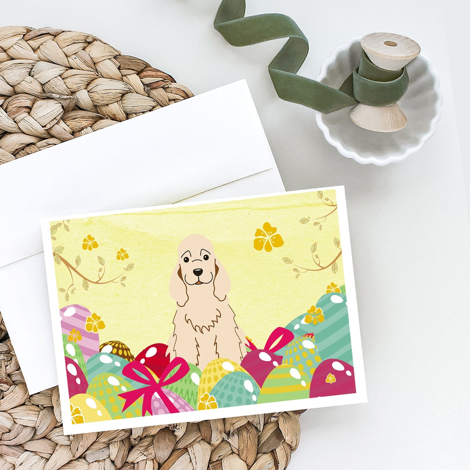 Buy this Easter Eggs Cocker Spaniel Buff Greeting Cards and Envelopes Pack of 8