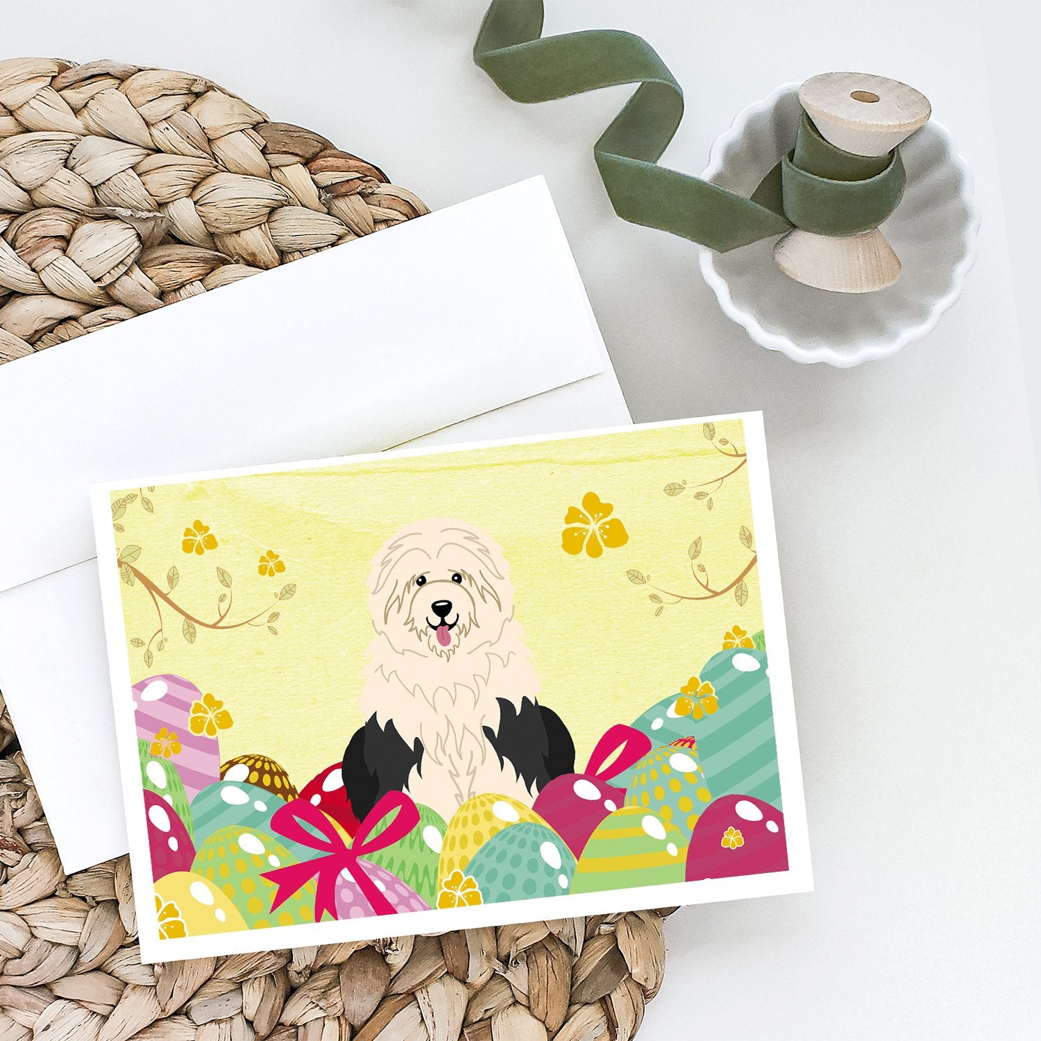 Buy this Easter Eggs Old English Sheepdog Greeting Cards and Envelopes Pack of 8