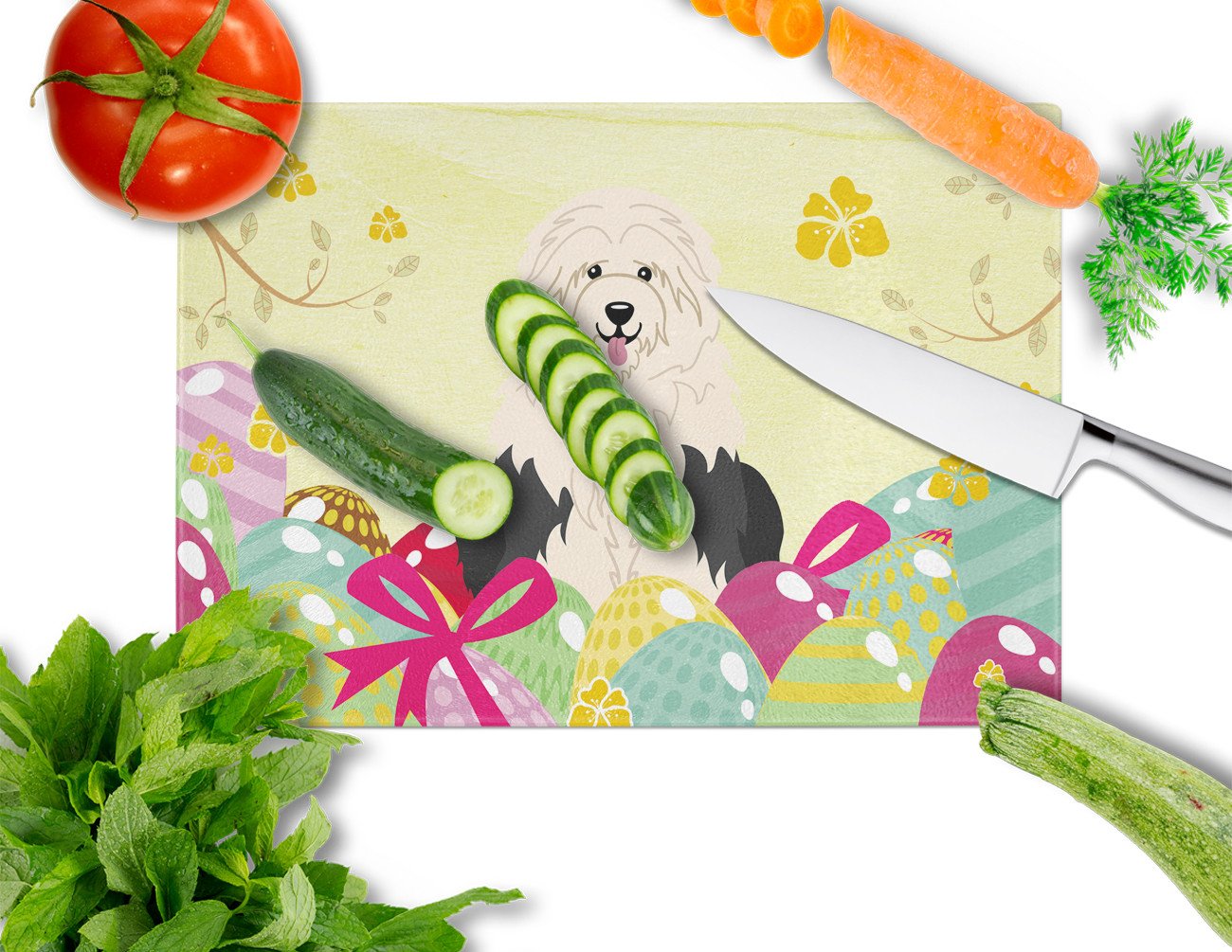 Easter Eggs Old English Sheepdog Glass Cutting Board Large BB6096LCB by Caroline's Treasures