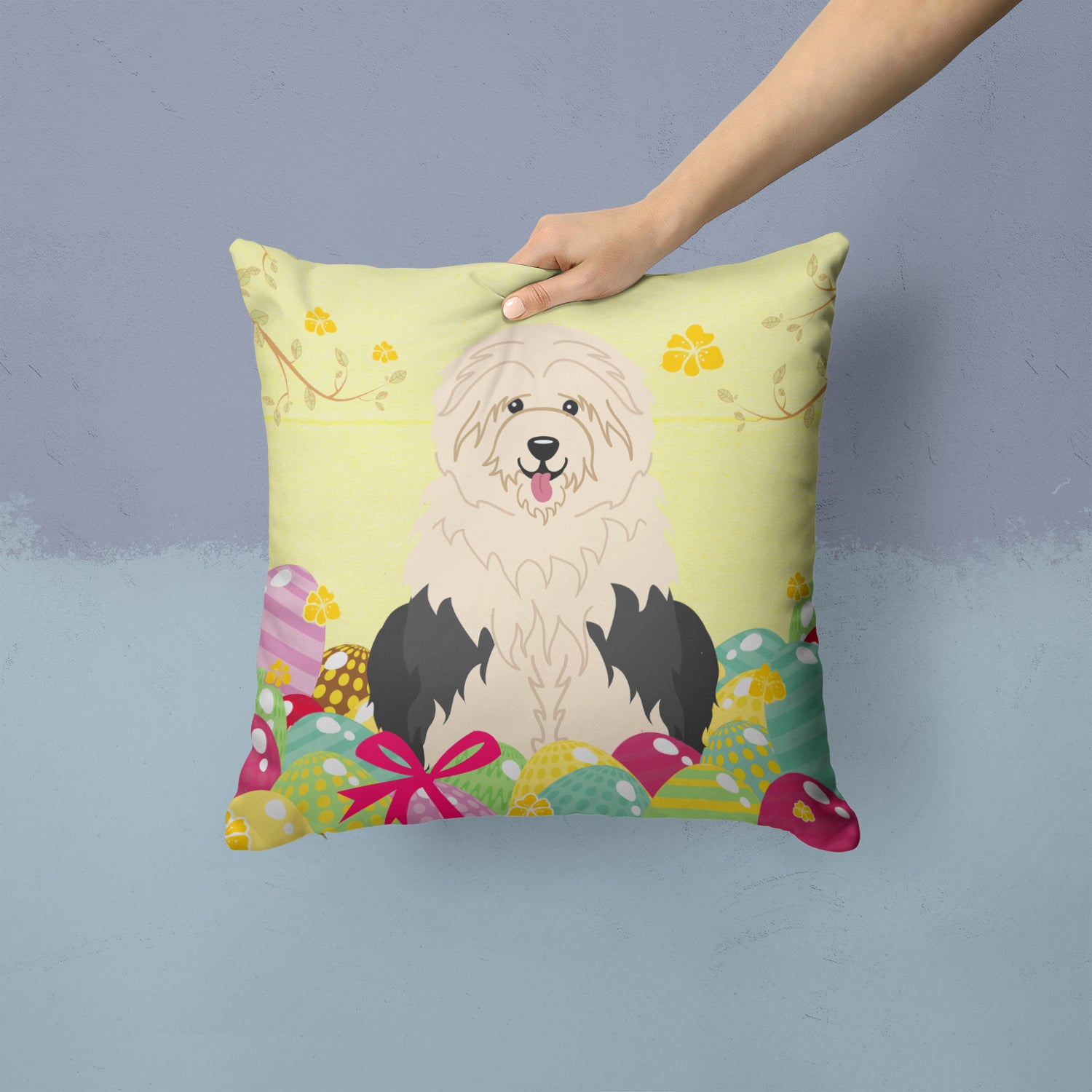 Easter Eggs Old English Sheepdog Fabric Decorative Pillow BB6096PW1414 - the-store.com
