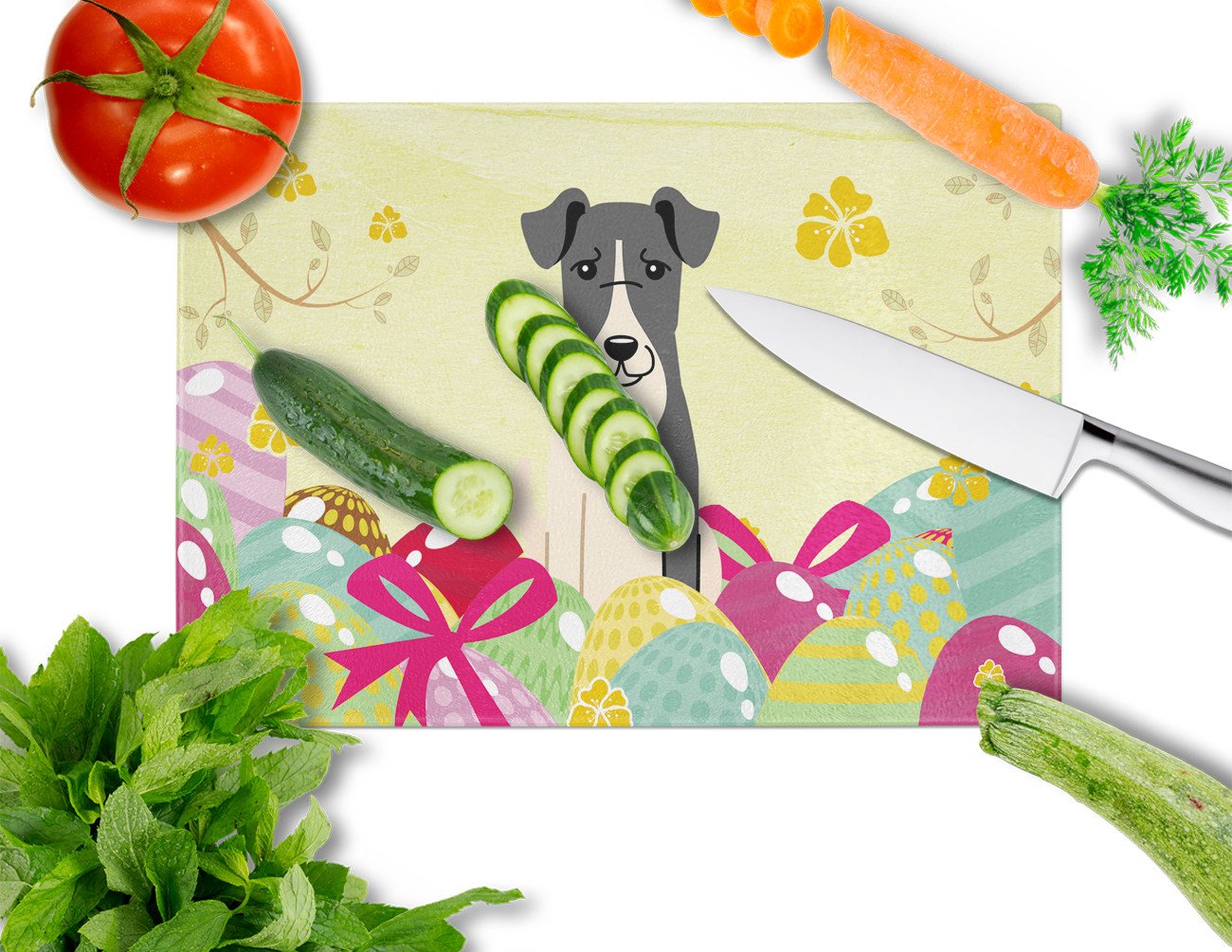 Easter Eggs Smooth Fox Terrier Glass Cutting Board Large BB6098LCB by Caroline's Treasures