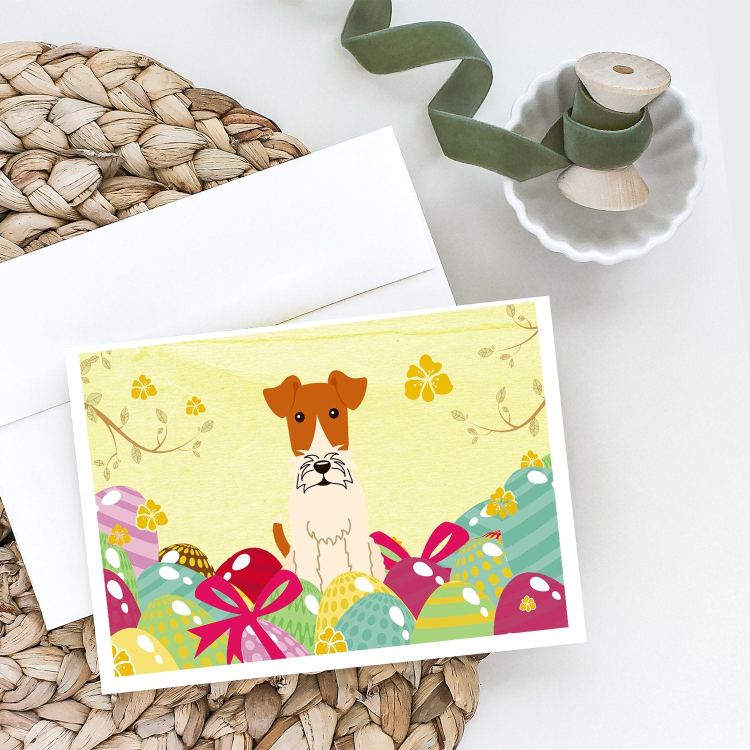 Buy this Easter Eggs Wire Fox Terrier Greeting Cards and Envelopes Pack of 8