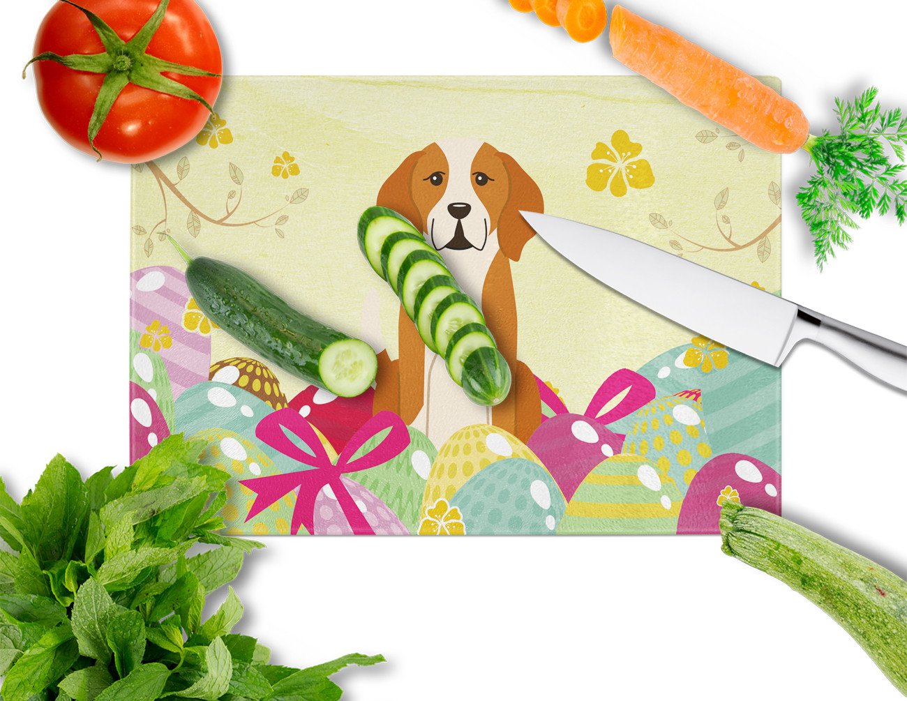 Easter Eggs English Foxhound Glass Cutting Board Large BB6110LCB by Caroline's Treasures