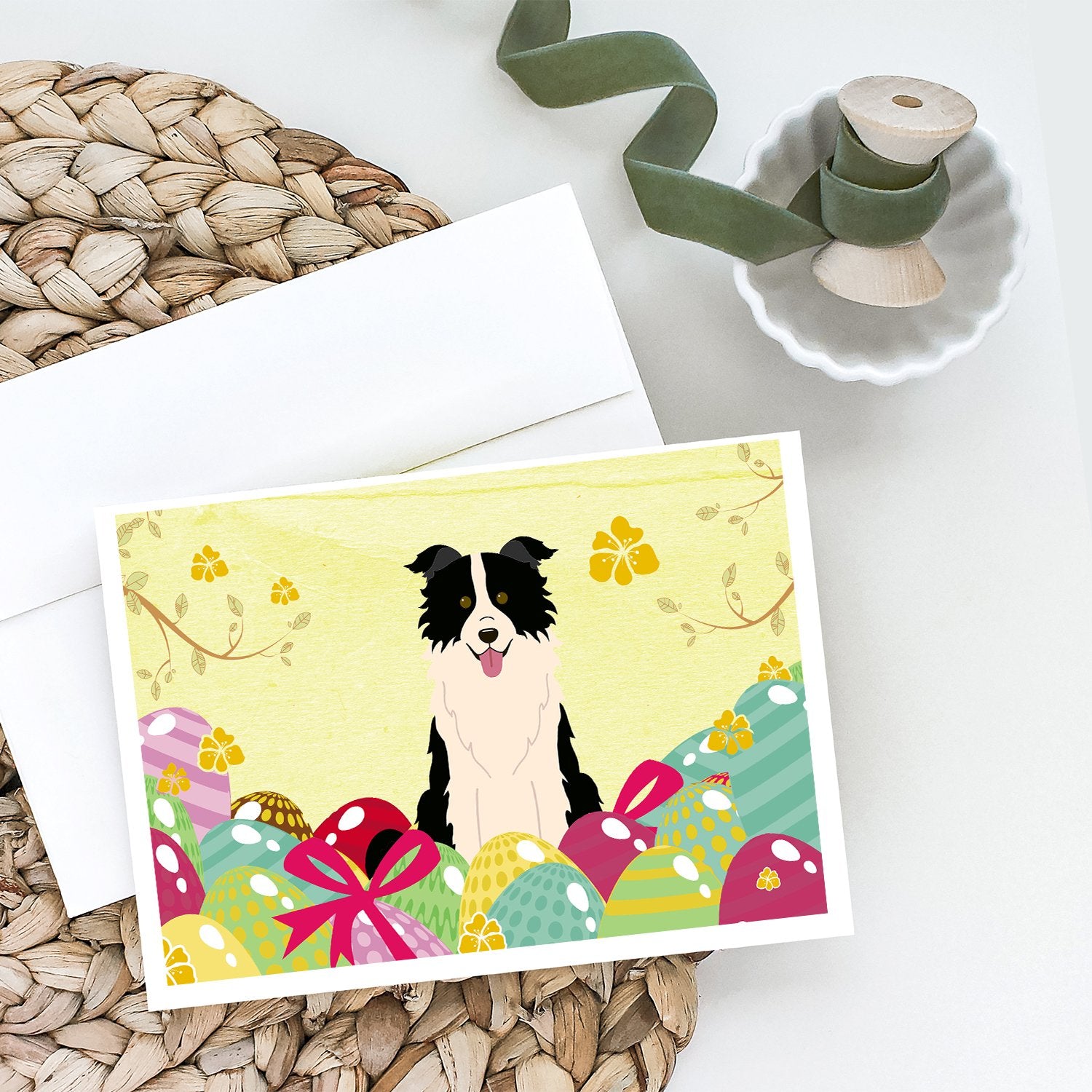 Buy this Easter Eggs Border Collie Black White Greeting Cards and Envelopes Pack of 8