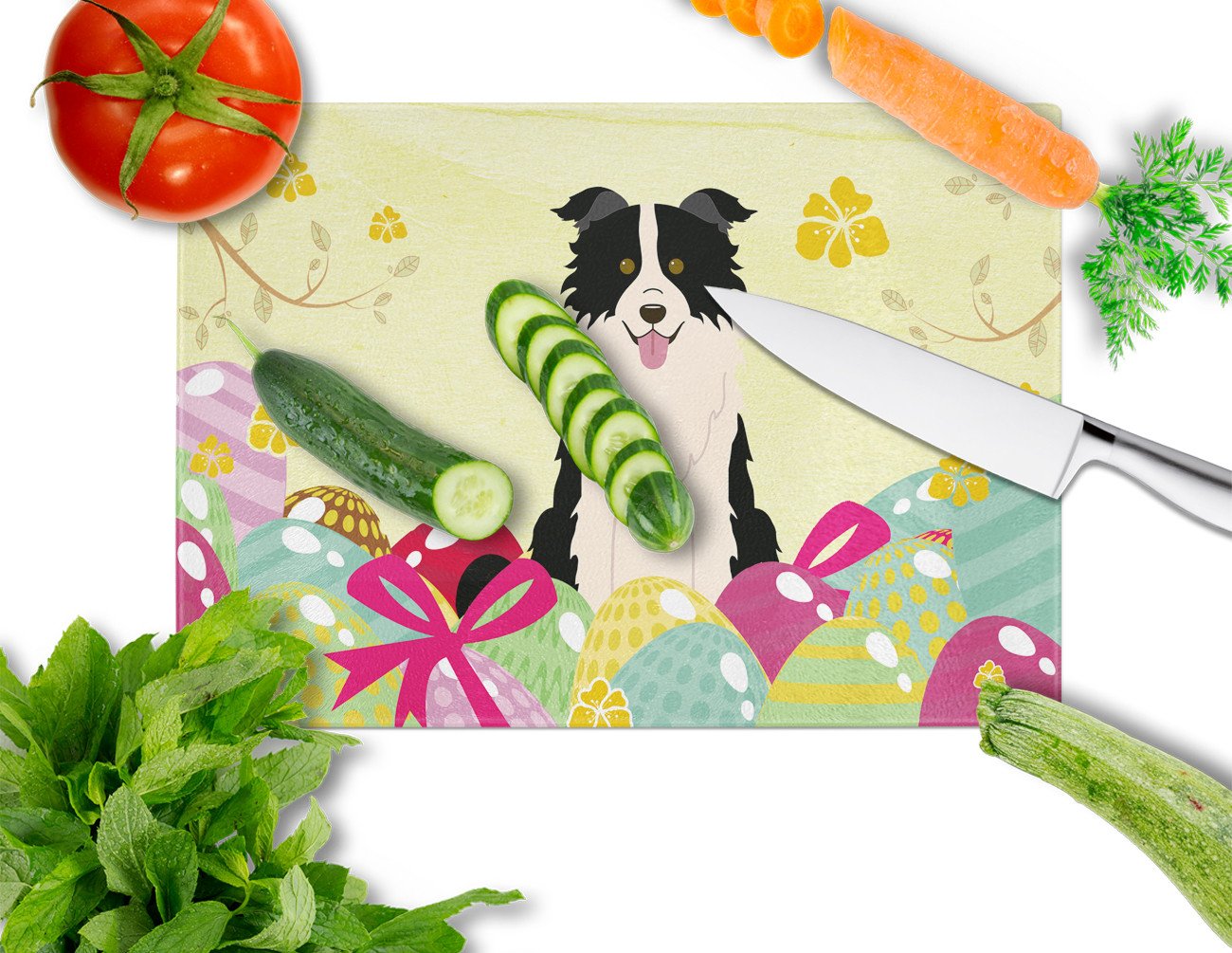 Easter Eggs Border Collie Black White Glass Cutting Board Large BB6118LCB by Caroline's Treasures
