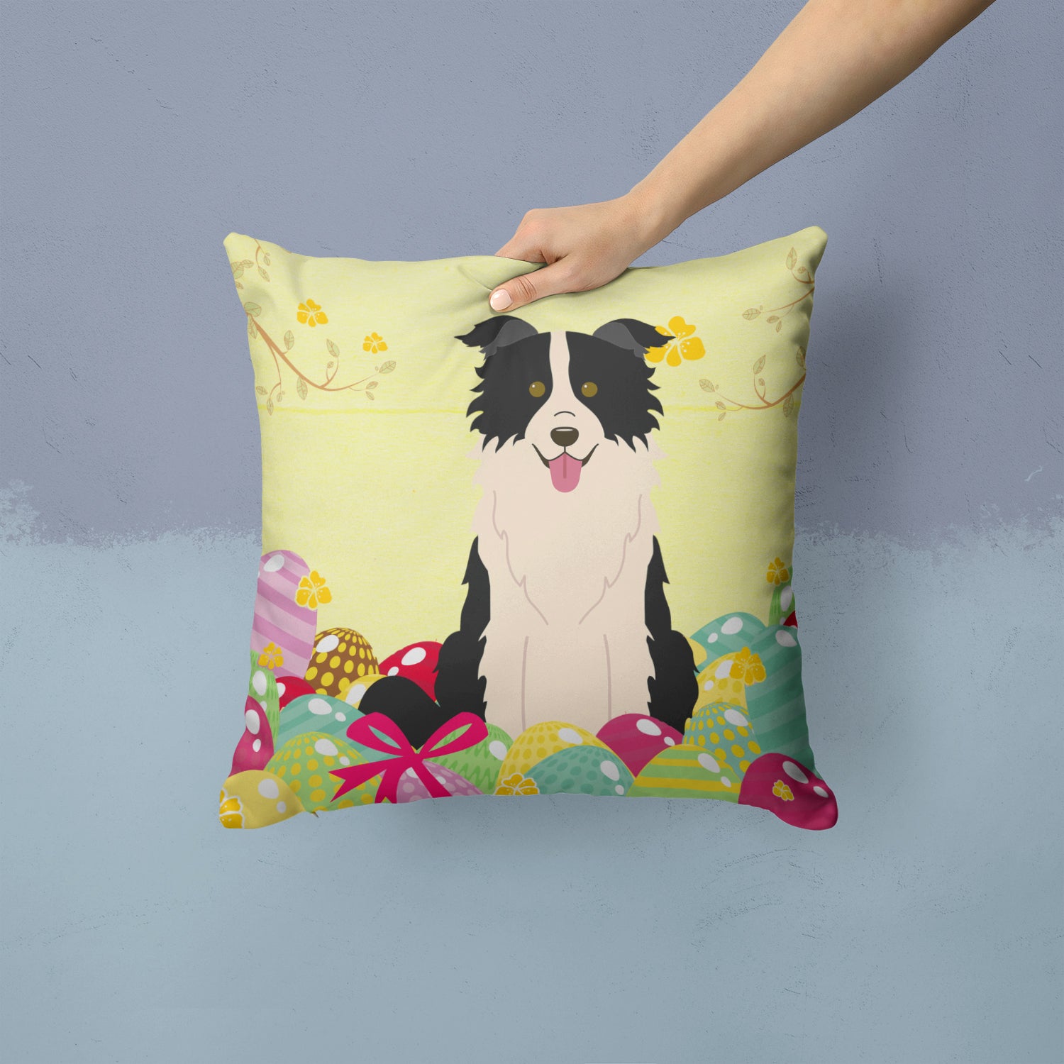 Easter Eggs Border Collie Black White Fabric Decorative Pillow BB6118PW1414 - the-store.com