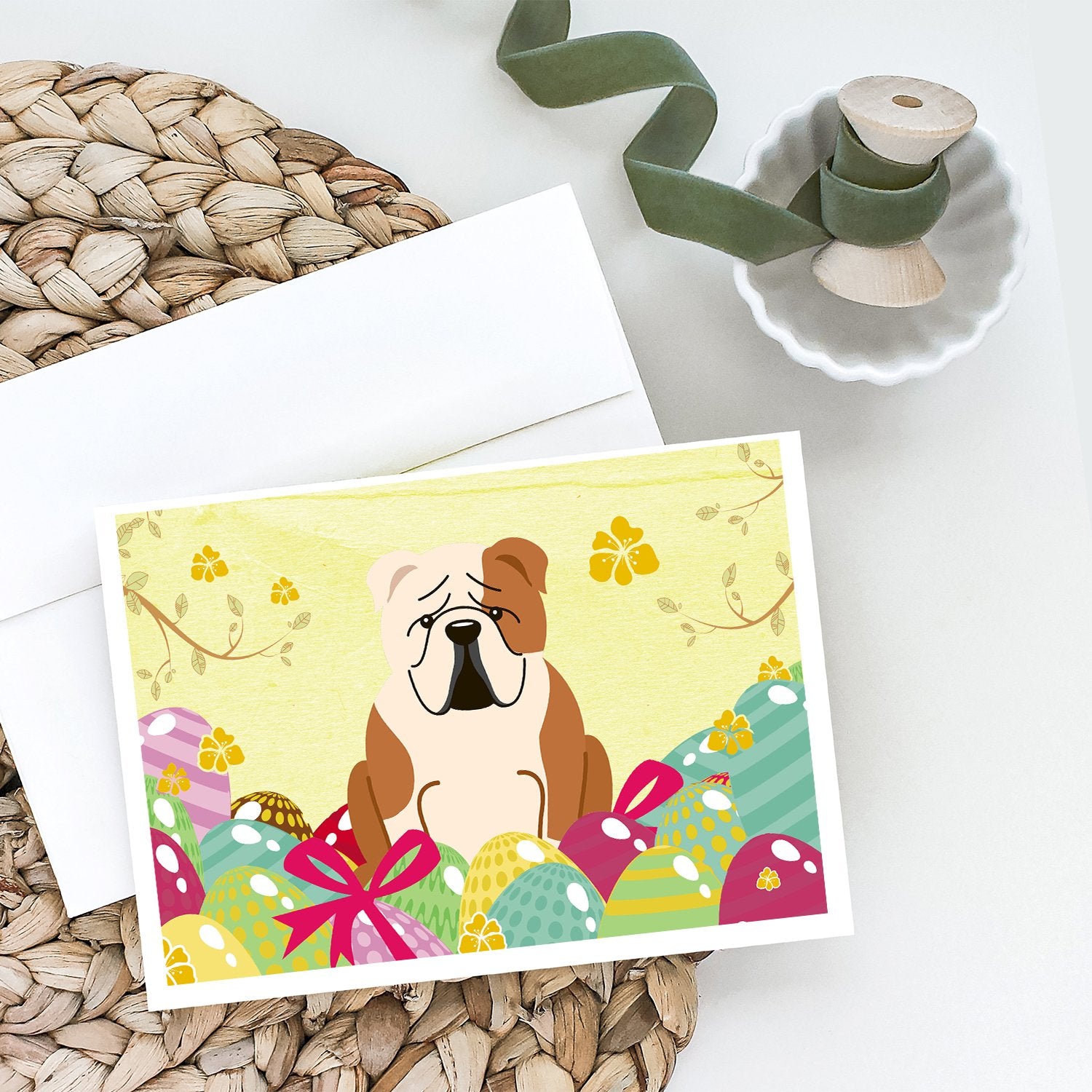 Buy this Easter Eggs English Bulldog Fawn White Greeting Cards and Envelopes Pack of 8