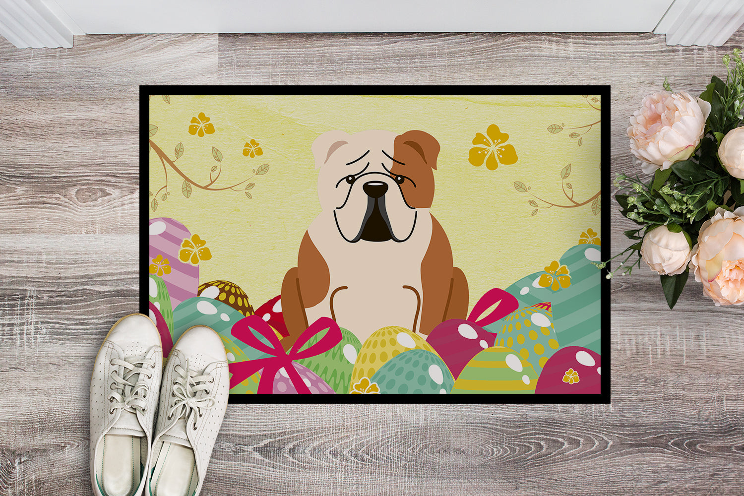 Easter Eggs English Bulldog Fawn White Indoor or Outdoor Mat 18x27 BB6125MAT - the-store.com