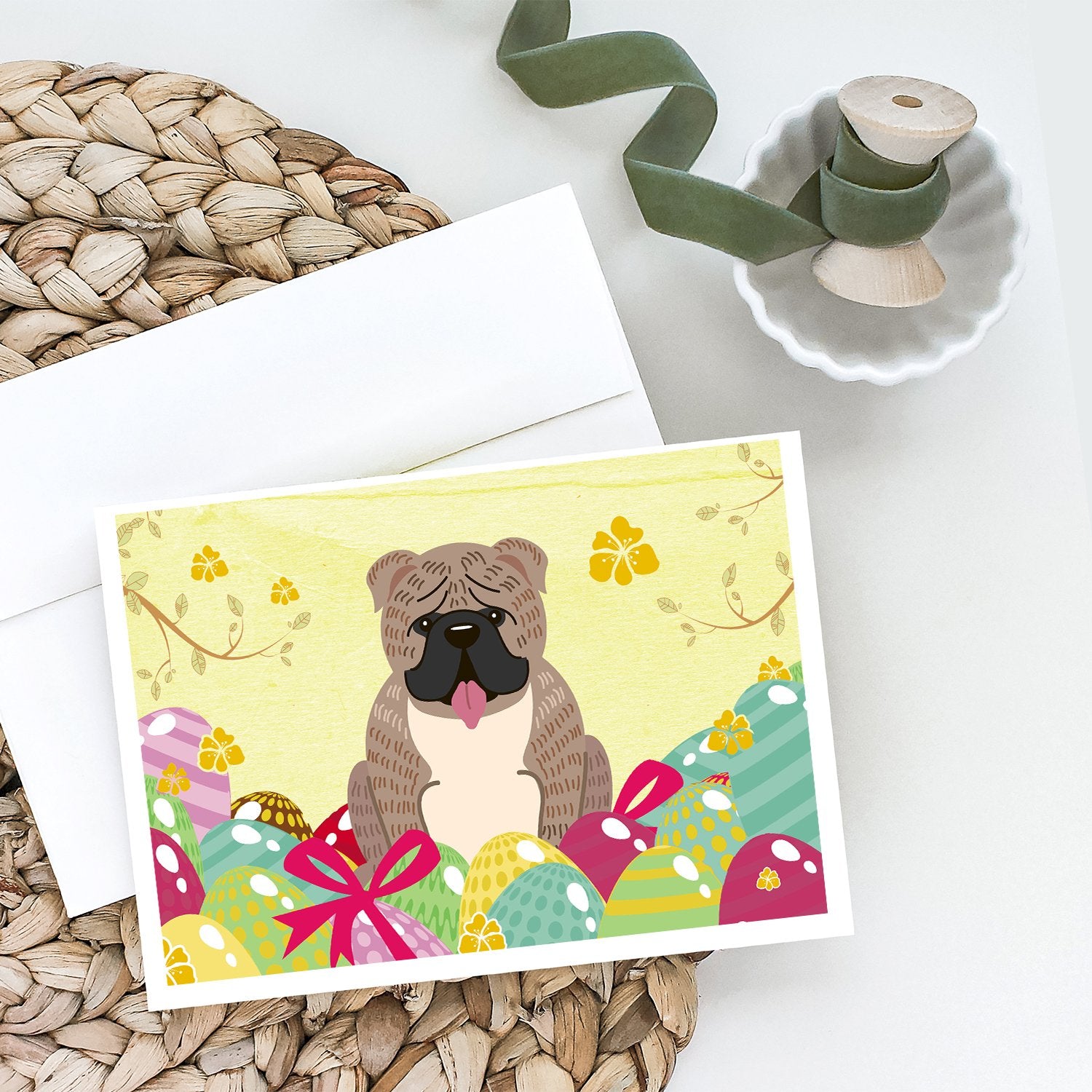 Easter Eggs English Bulldog Grey Brindle  Greeting Cards and Envelopes Pack of 8 - the-store.com