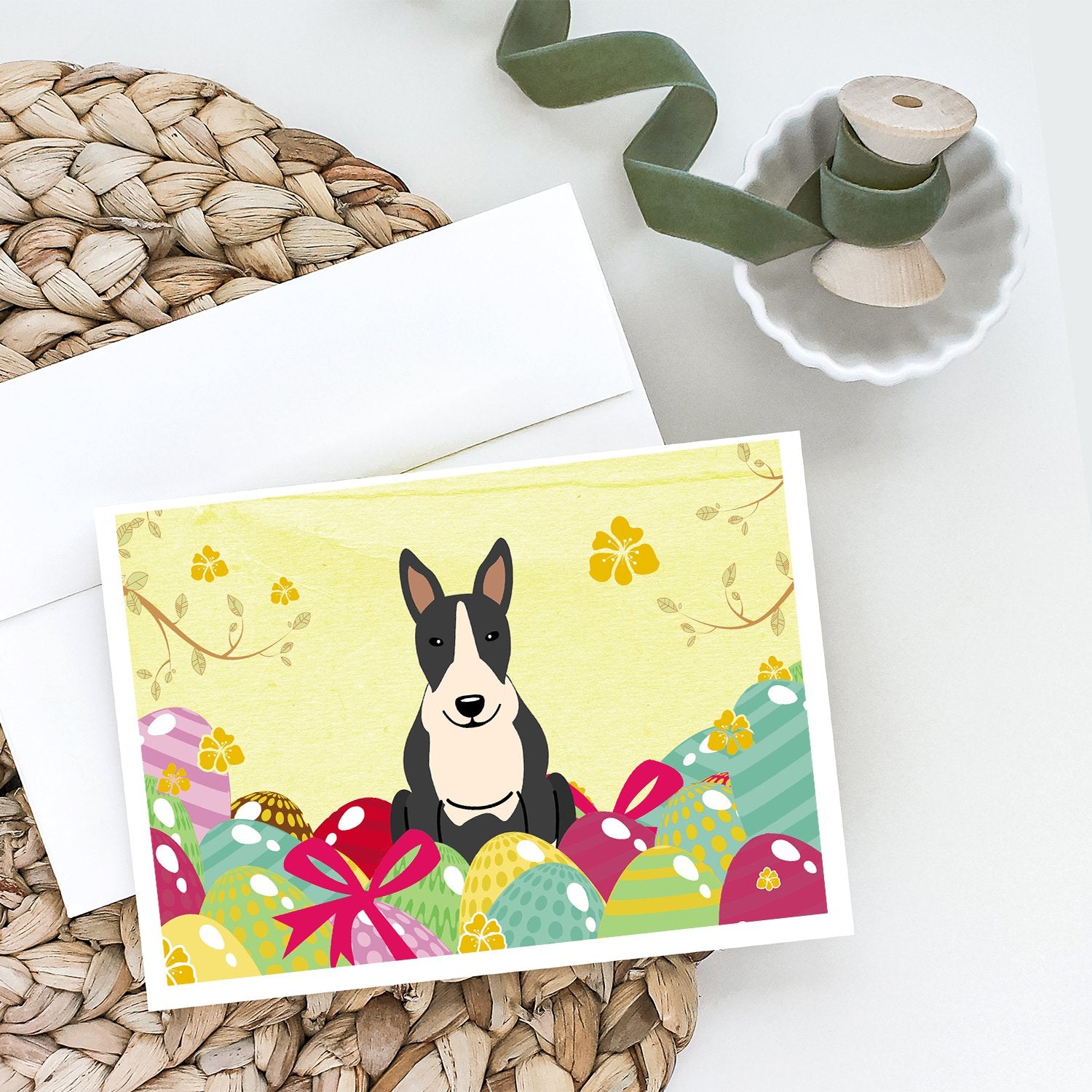 Buy this Easter Eggs Bull Terrier Black White Greeting Cards and Envelopes Pack of 8