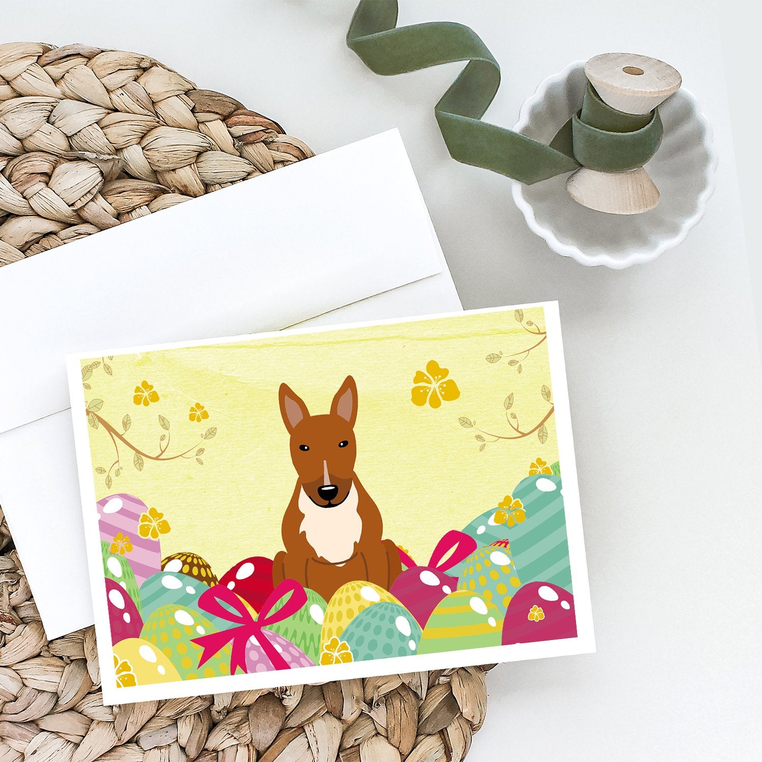 Buy this Easter Eggs Bull Terrier Red Greeting Cards and Envelopes Pack of 8