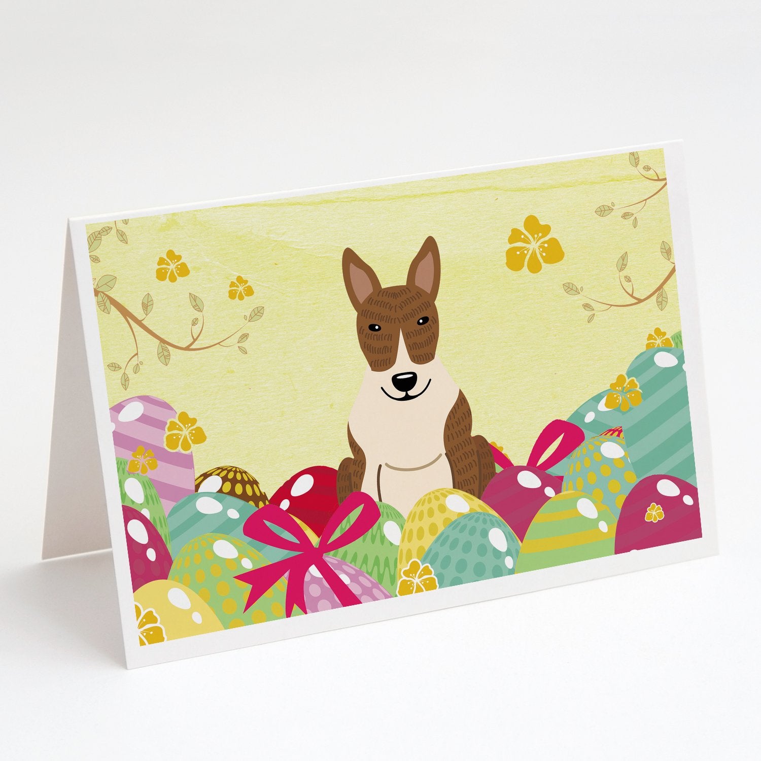 Buy this Easter Eggs Bull Terrier Brindle Greeting Cards and Envelopes Pack of 8