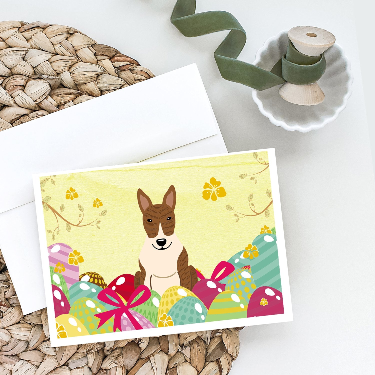 Buy this Easter Eggs Bull Terrier Brindle Greeting Cards and Envelopes Pack of 8