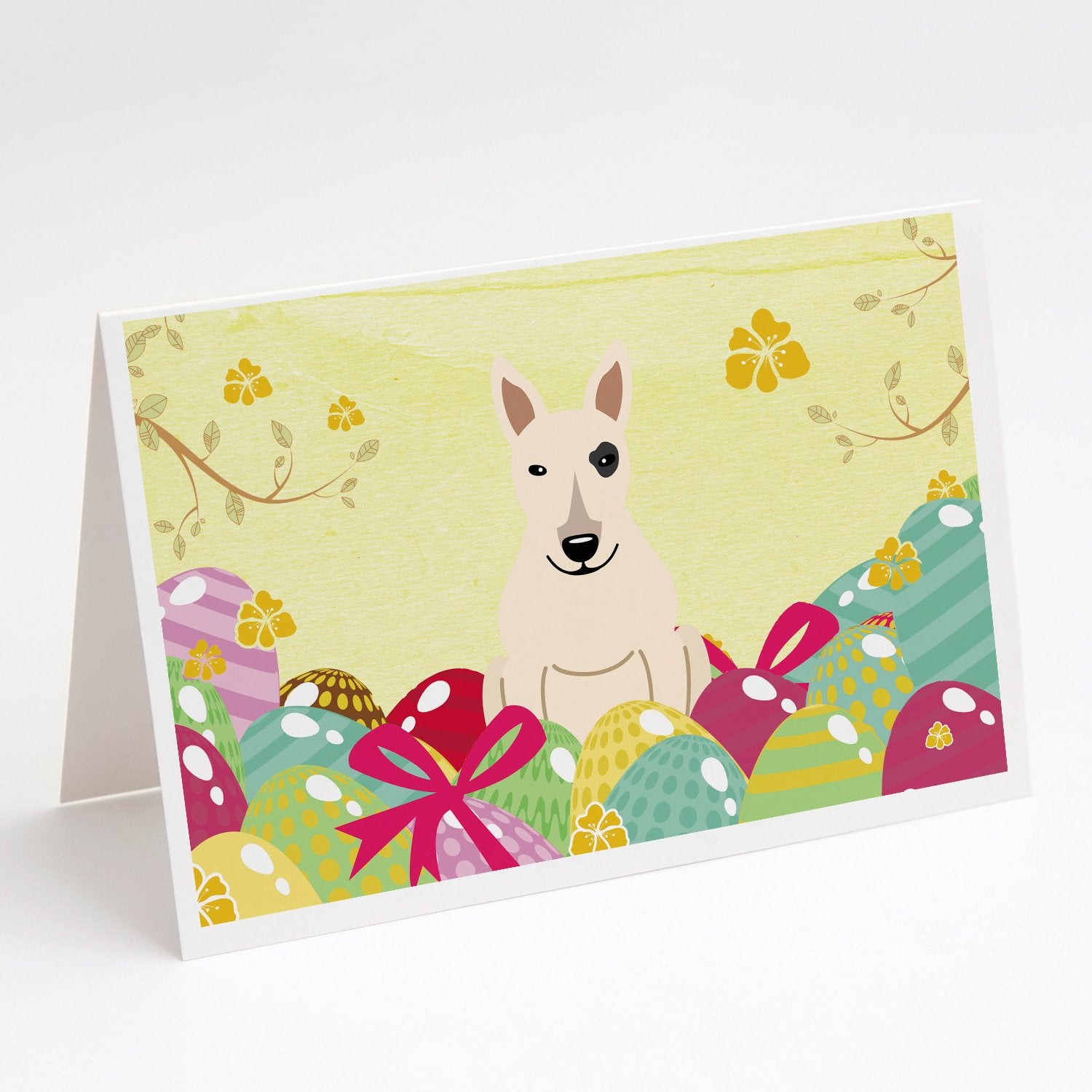 Buy this Easter Eggs Bull Terrier White Greeting Cards and Envelopes Pack of 8