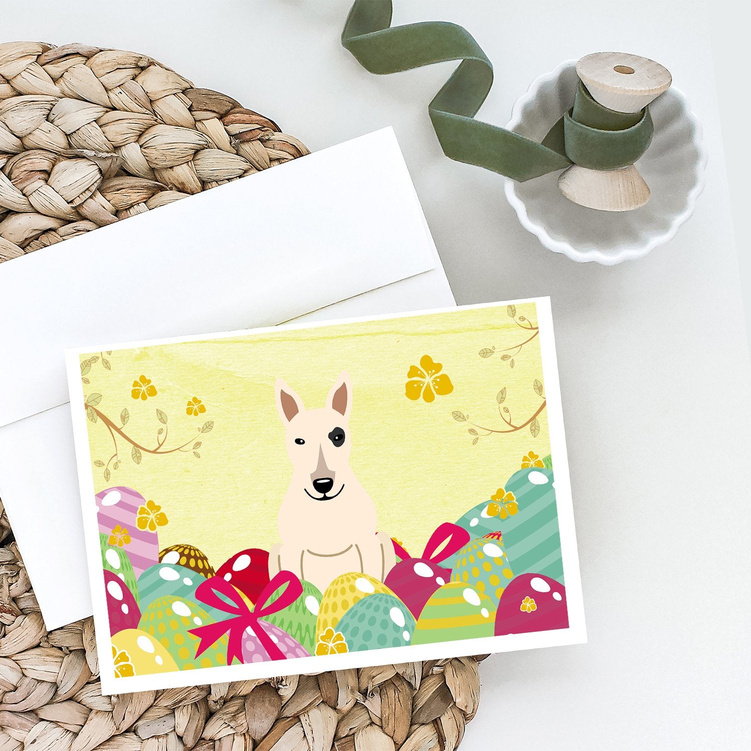 Buy this Easter Eggs Bull Terrier White Greeting Cards and Envelopes Pack of 8