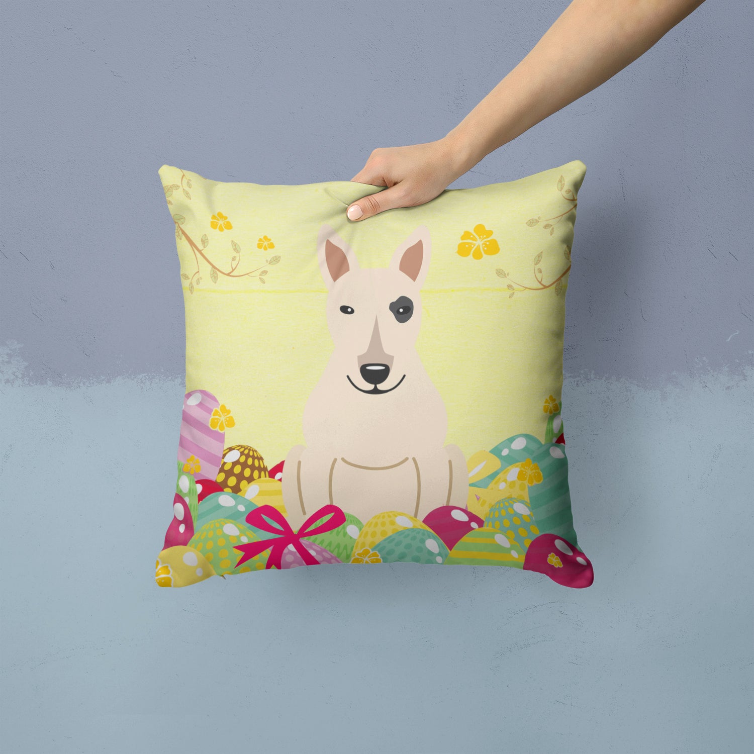 Easter Eggs Bull Terrier White Fabric Decorative Pillow BB6138PW1414 - the-store.com