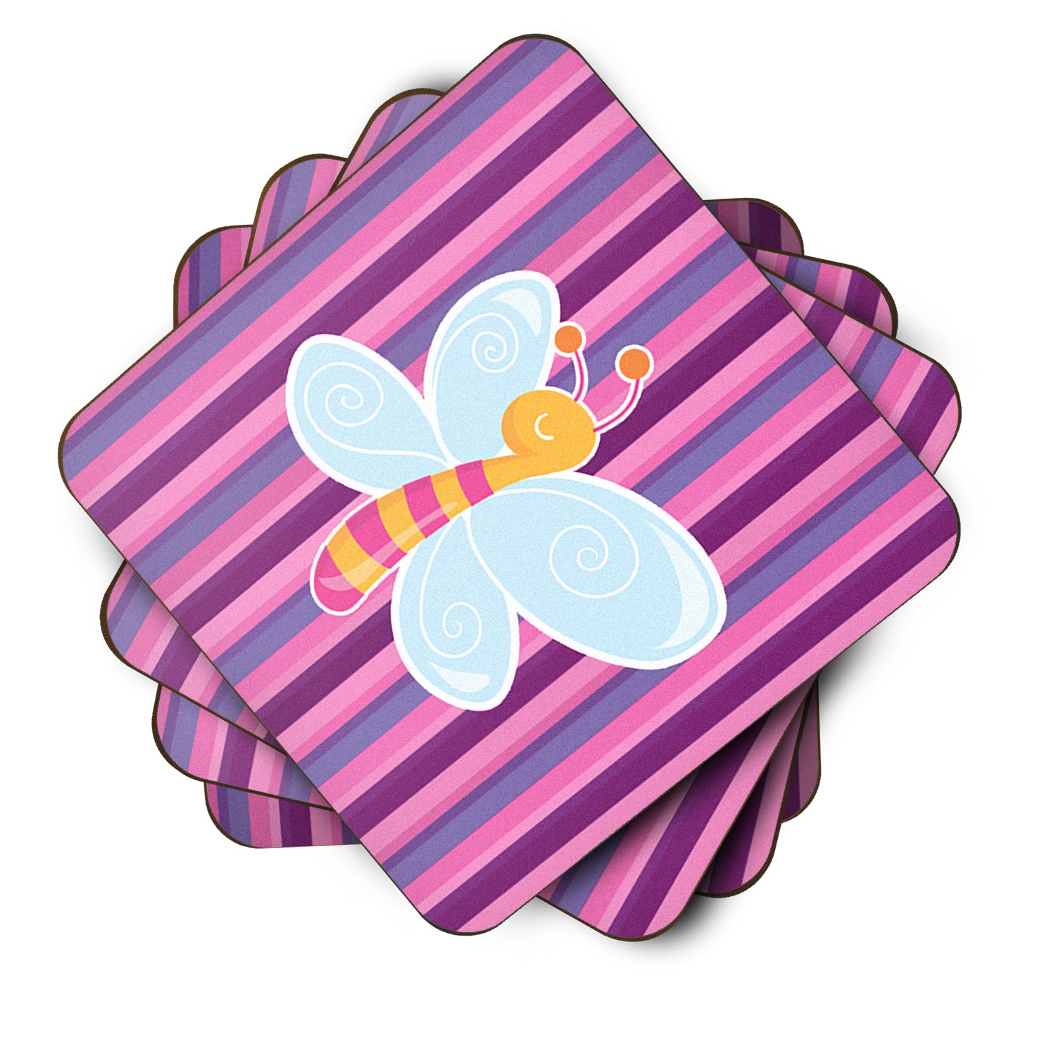 Dragonfly in Pink Stripes Foam Coaster Set of 4 BB6916FC - the-store.com