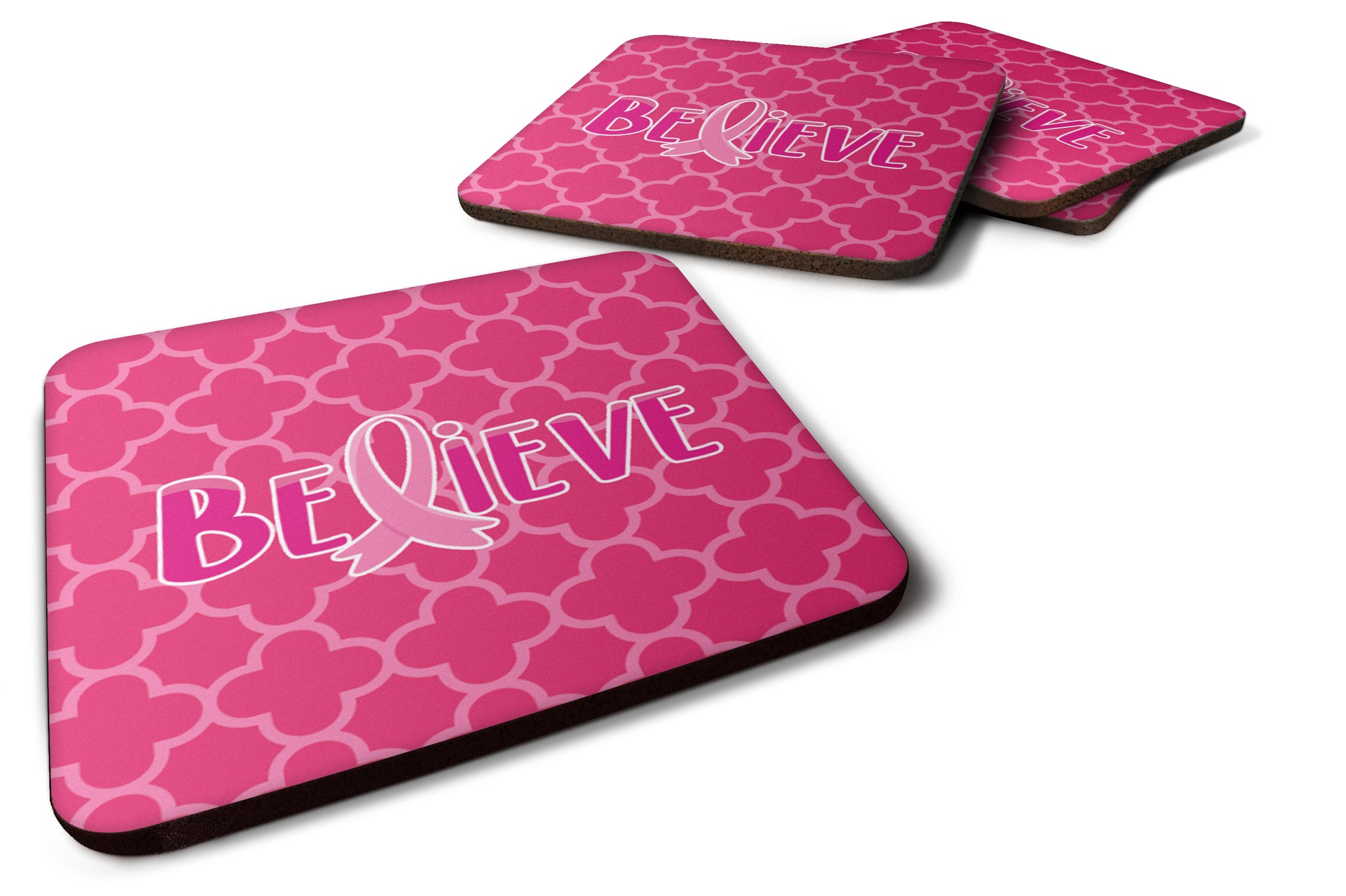 Breast Cancer Awareness Ribbon Believe Foam Coaster Set of 4 BB6980FC - the-store.com